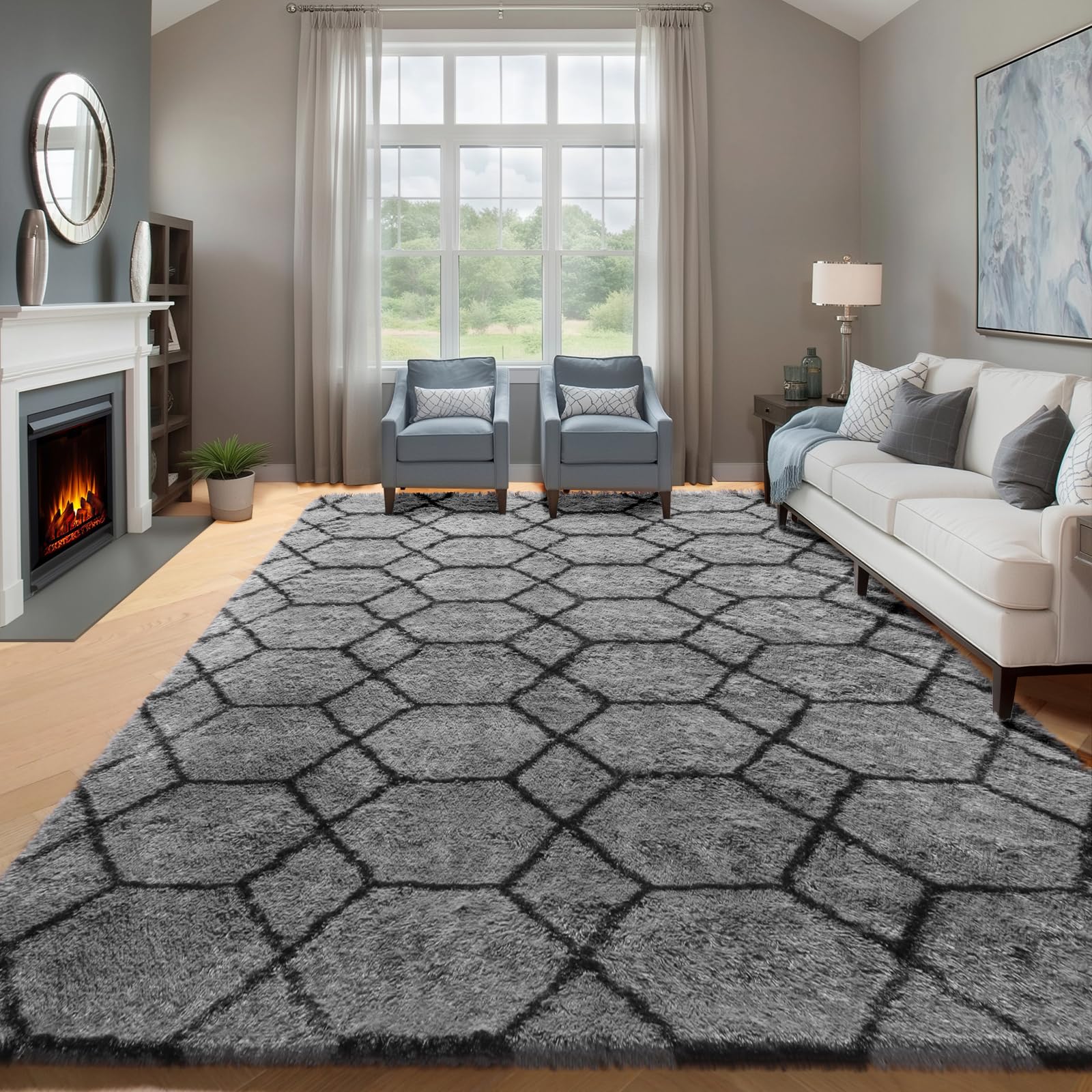 ONASAR 6x9 Area Rugs for Living Room Bedroom, Large Fluffy Grey and Black Throw Rug, Geometric Soft Plush Shaggy Fuzzy Floor Carpet for Nursery Kids Girls Boys Teen Dorm Home Office Decor
