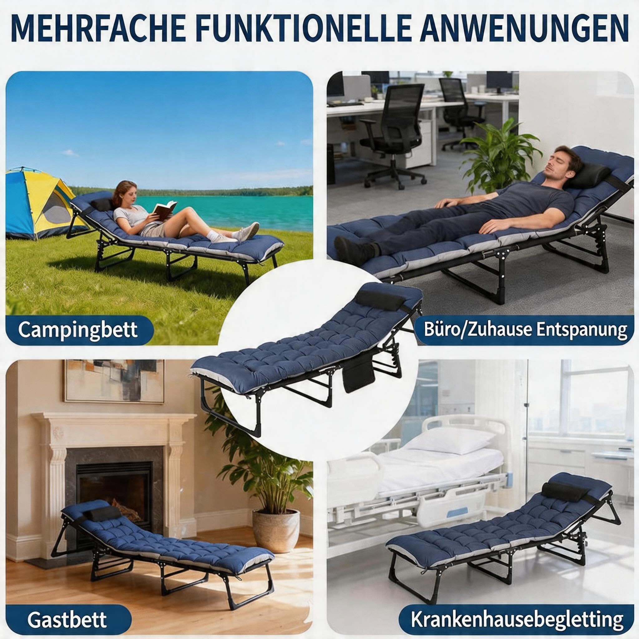 Garvee Campingbett Klappbar mit Matratze 200cm Feldbett Belastbar 8-Beine Stabiles Gästebett Blau