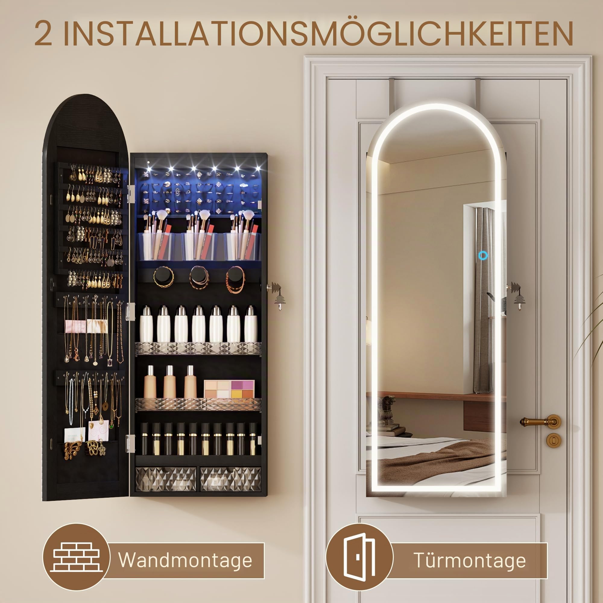 LVSOMT LED Gewölbter Schmuckschrank Hängend, Schmuckschrank mit Spiegel und Licht, Wand/Tür Hängend Schmuck Schrank Abschließbarer, Bogen Spiegel mit 3 Farben Licht, Höhenverstellbarer Haken, Schwarz