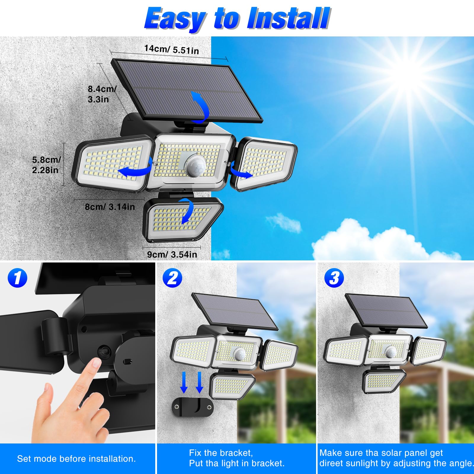 Peasur 4 Stück Solarlampen für Außen mit Bewegungsmelder, 318 LED Solarleuchten Aussen, IP65 Wasserdicht Solar Aussenleuchte für Garten Balkon Garage Zaun