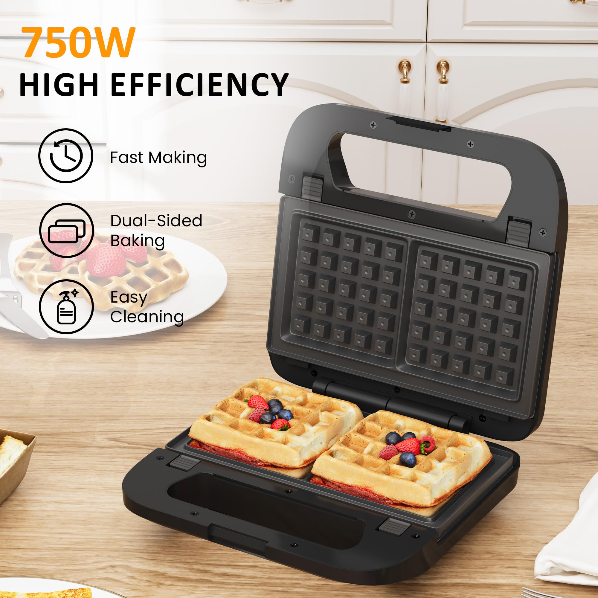 3 in 1 Electric Sandwich Maker, Panini Press Grill and Waffle Iron Set, Grill and Sandwich Press with Removable Non-Stick Plates, Indicator Lights & Cool Touch Handle, 750W, Black