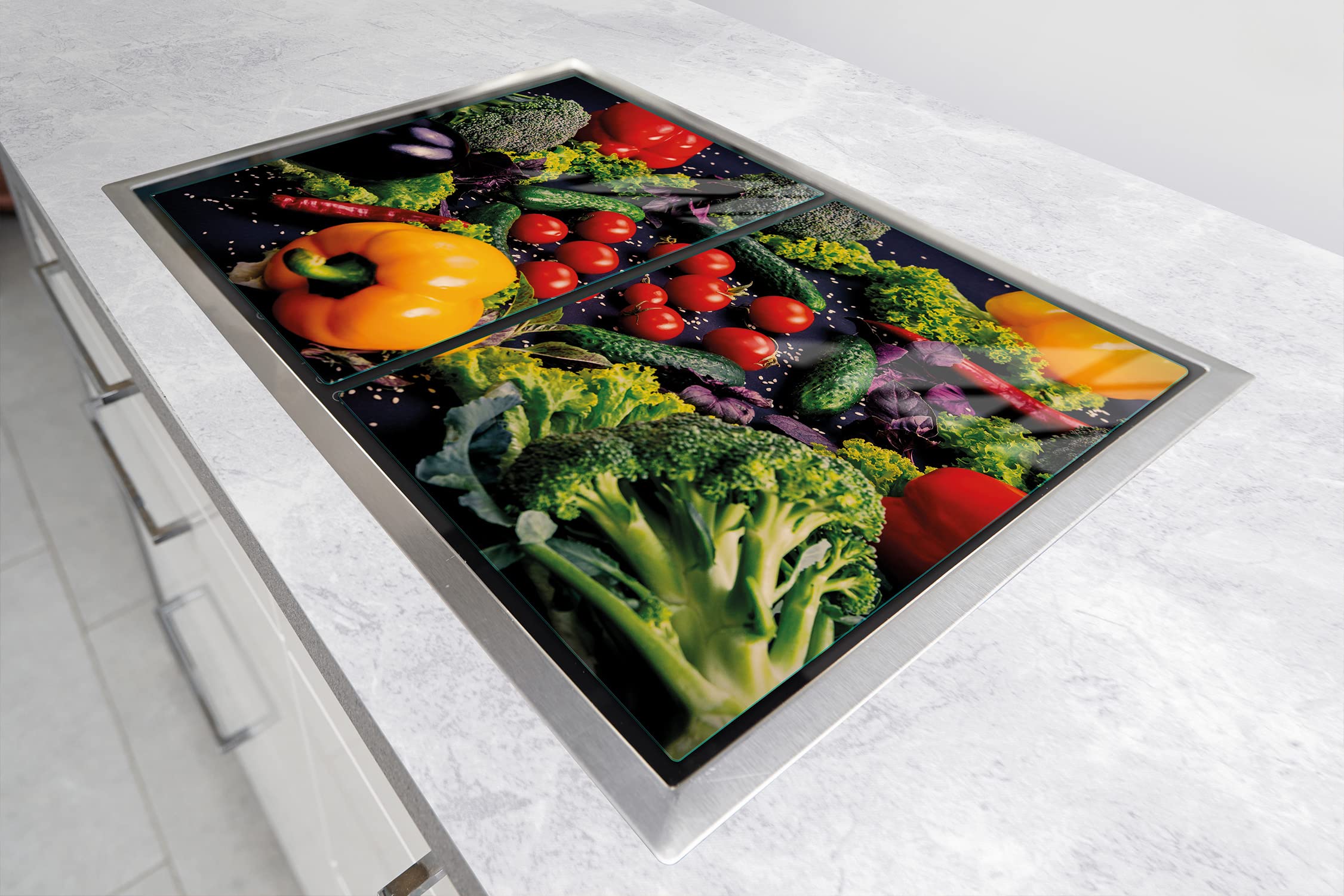 Placa protectora de vitrocerámica 2 x 35 x 52 cm 2 piezas cocina eléctrica universal para inducción protección contra salpicaduras tabla de cortar de vidrio templado, VERDURAS