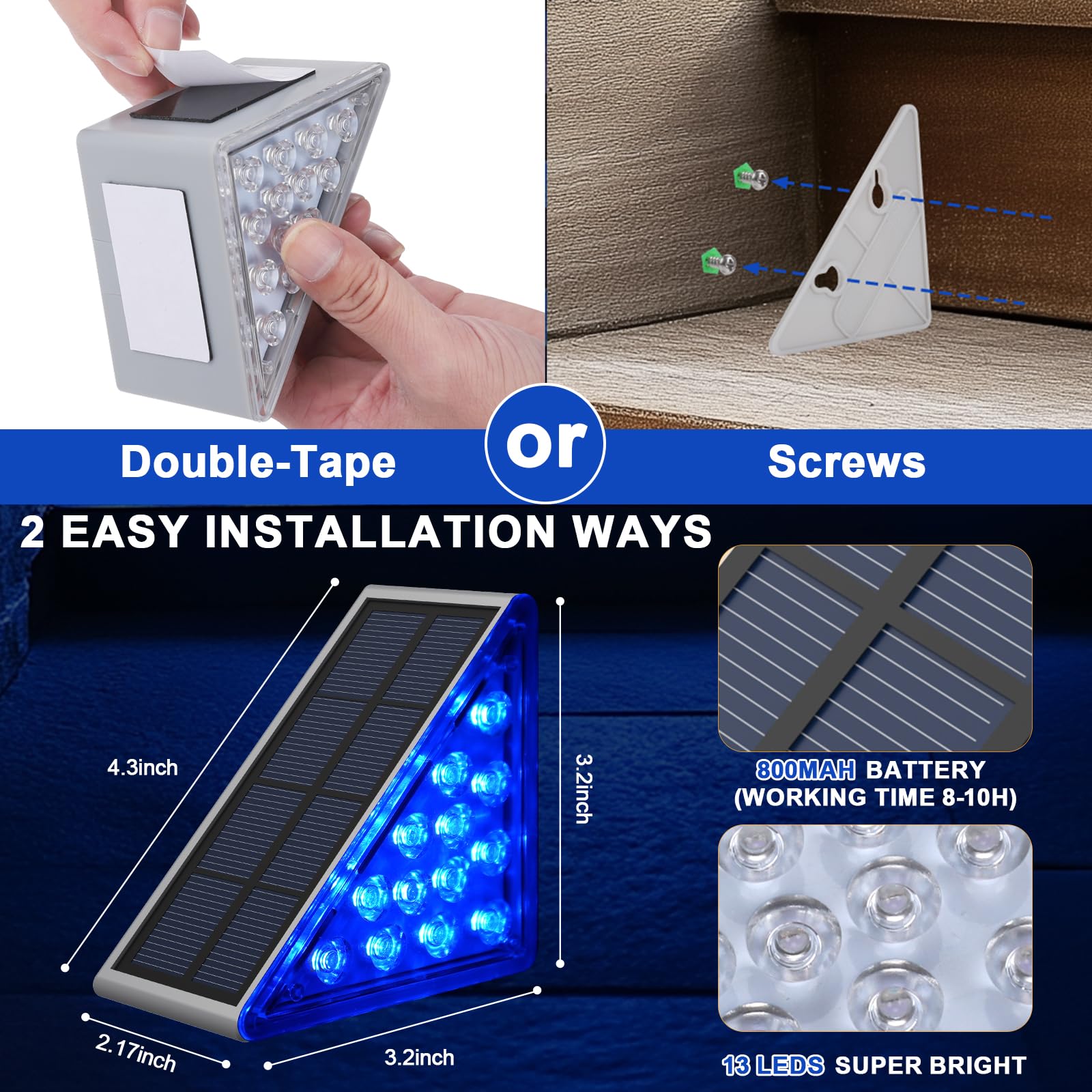 AUDLES 2 Stück Solar-Treppenlichter, Outdoor-Stufenlichter mit wasserdichter IP67, blaue LED-Solarleuchte für Außenbeleuchtung, Dekoration für Treppe, Deck, Vordertritt, Veranda, Terrasse und