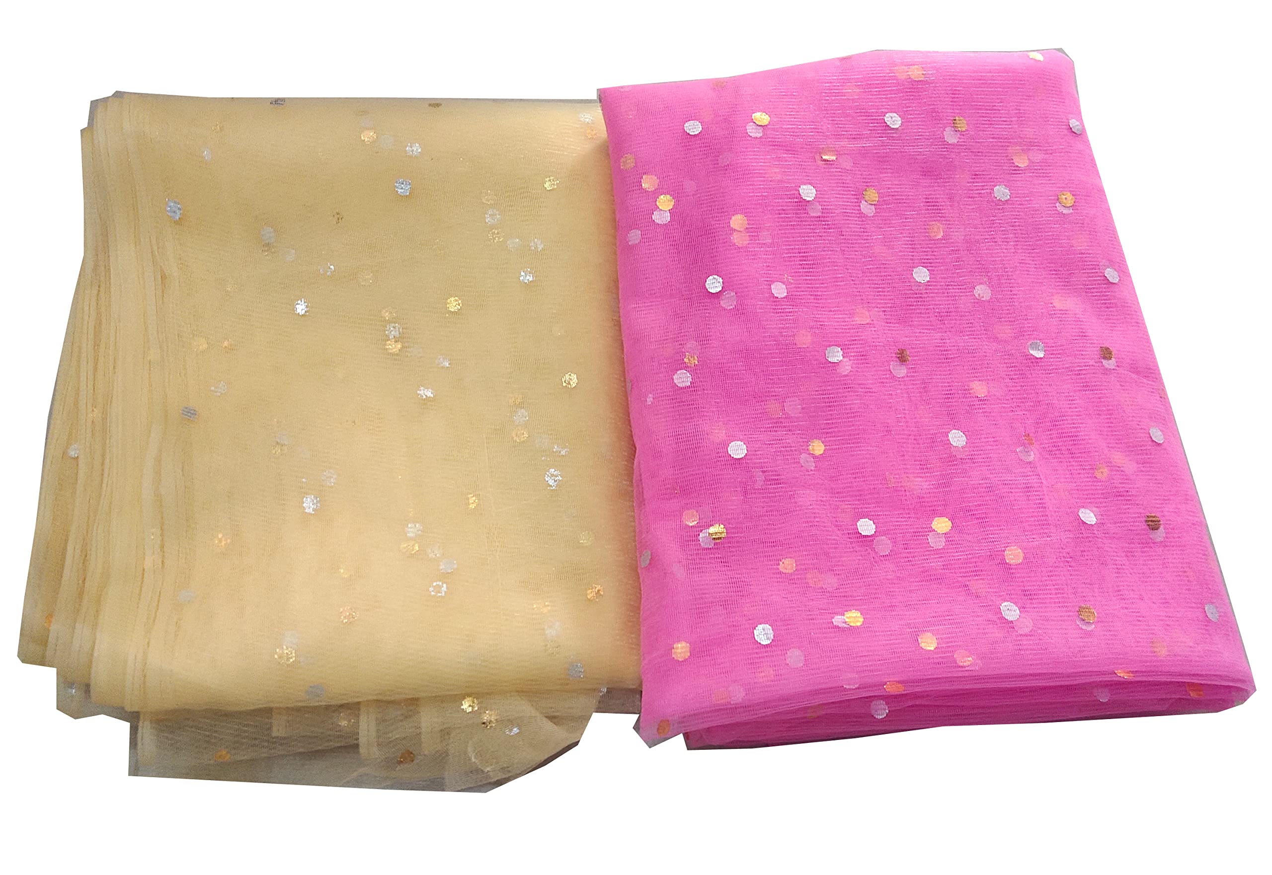 3A Featuretail Dual Color Combo of 42inch Width Dotted Mesh Net Fabric for Decoration, Fruit/Dryfruit/Gift Packing & Trousseau Tray Packing (5 Meter Each Color, Golden & Baby Pink)