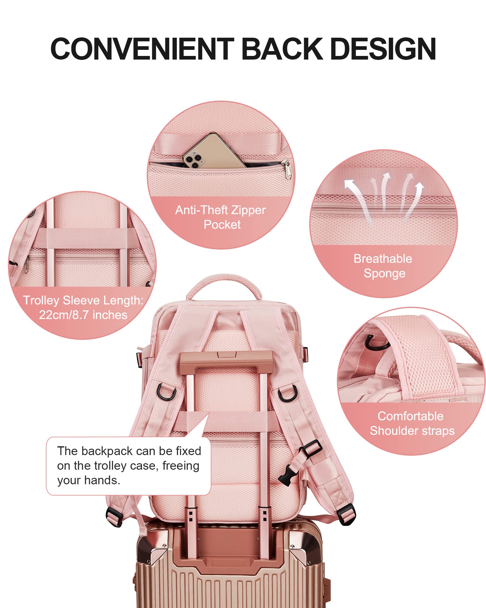 Zaino da Viaggio per Easyjet 45x36x20 Bagaglio a Mano Zaino Borse da Cabina per Ryanair Il Sedile Zaino Aereo Bagaglio a Mano Donna Borsa Cabina Viaggio Zaino Travel Viaggio Casual Daypack,A2 rosa