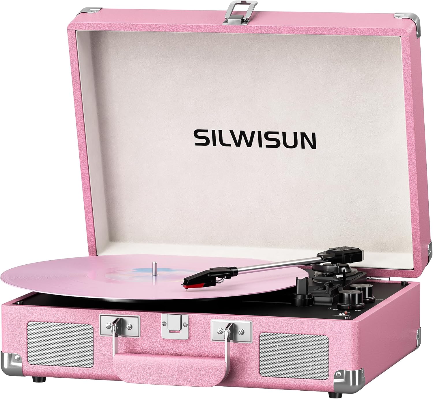 Vinyl Record Player with Speakers Vintage Bluetooth Turntable, Battery Powered Portable Pink Vinyl Player, Retro Suitcase Phonograph, 3-Speed Lp Player RCA Out AUX in Headphone Jack