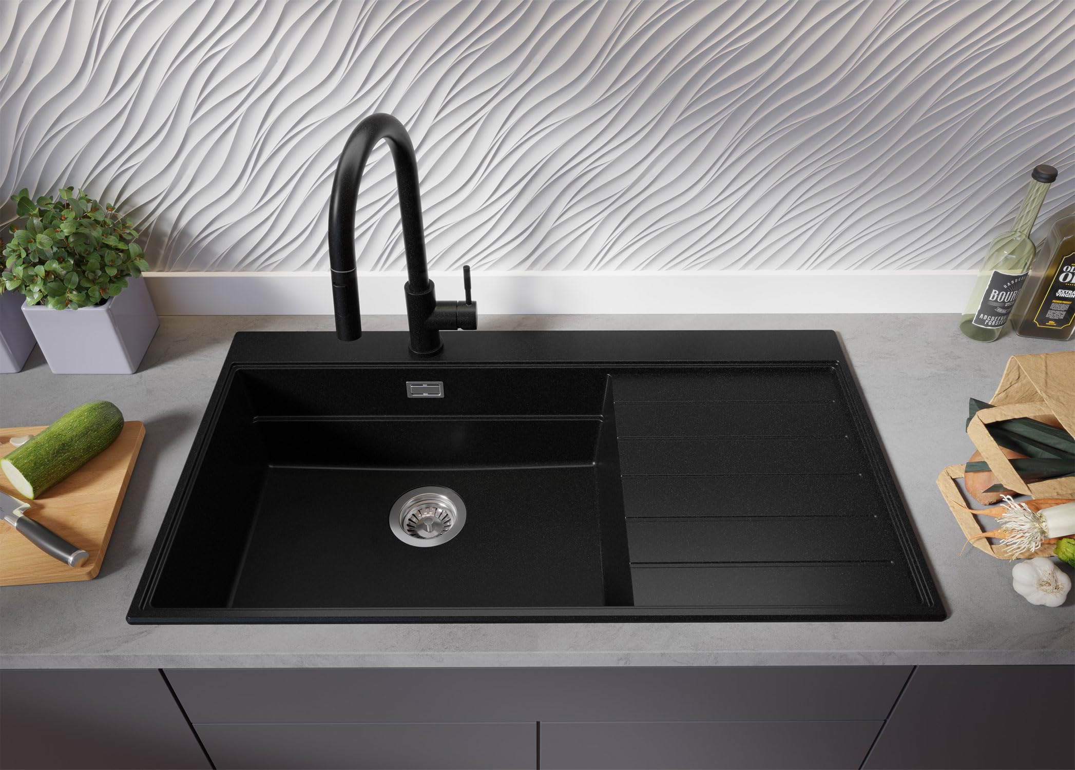PRIMAGRAN Granitspüle Alles Schwarz - Sydney Ergo, 90x50cm | Spülbecken 1 Becken + Küchenarmatur 40x20cm + Zuberhor-Set, Küchenspüle ab 60er Unterschrank (S475)