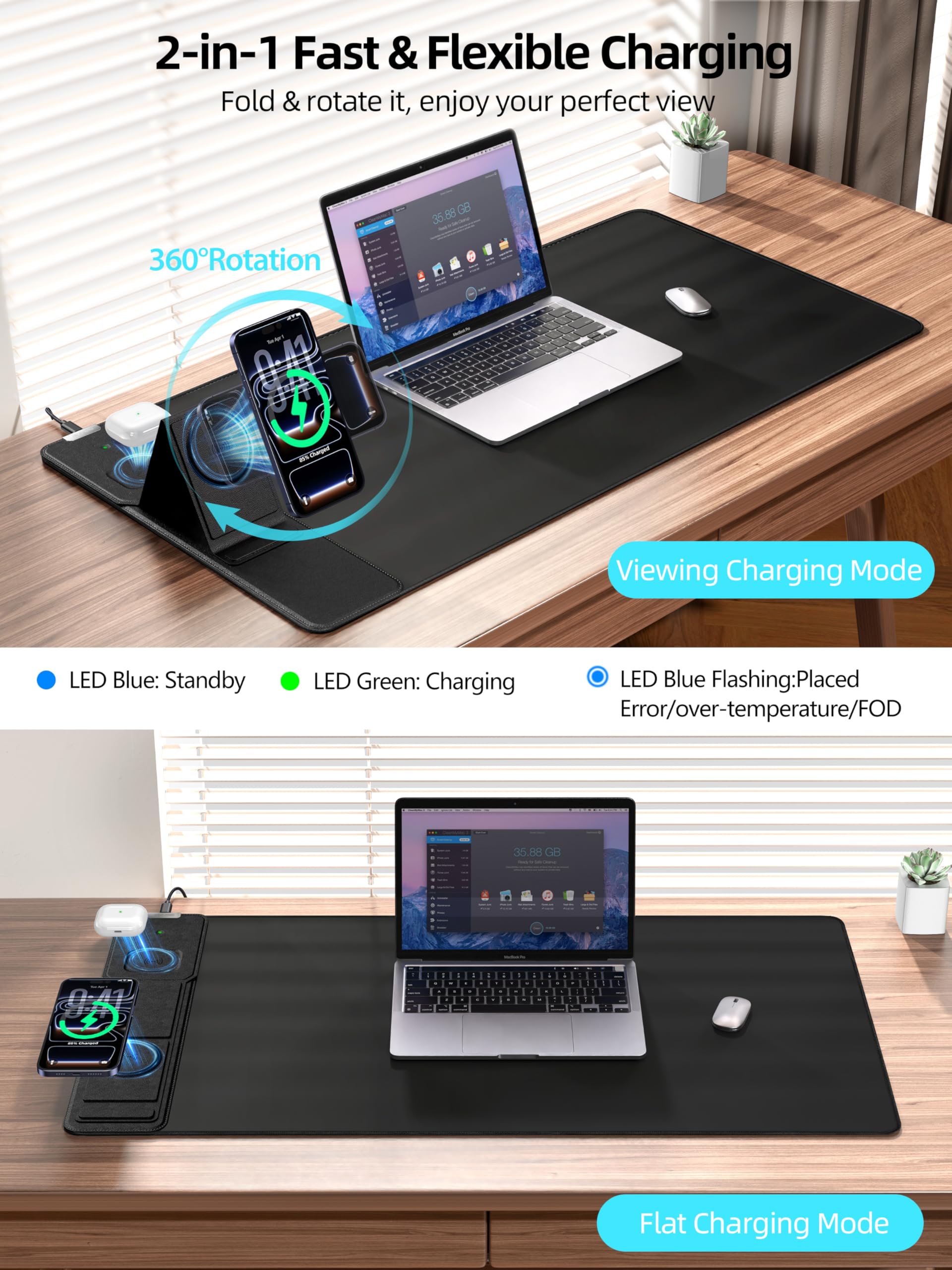 Alfombrilla de mouse con carga inalámbrica magnética y soporte ajustable para teléfono, alfombrilla de escritorio extendida de 31.5 x 15.8 pulgadas, almohadilla de teclado ultra suave impermeable