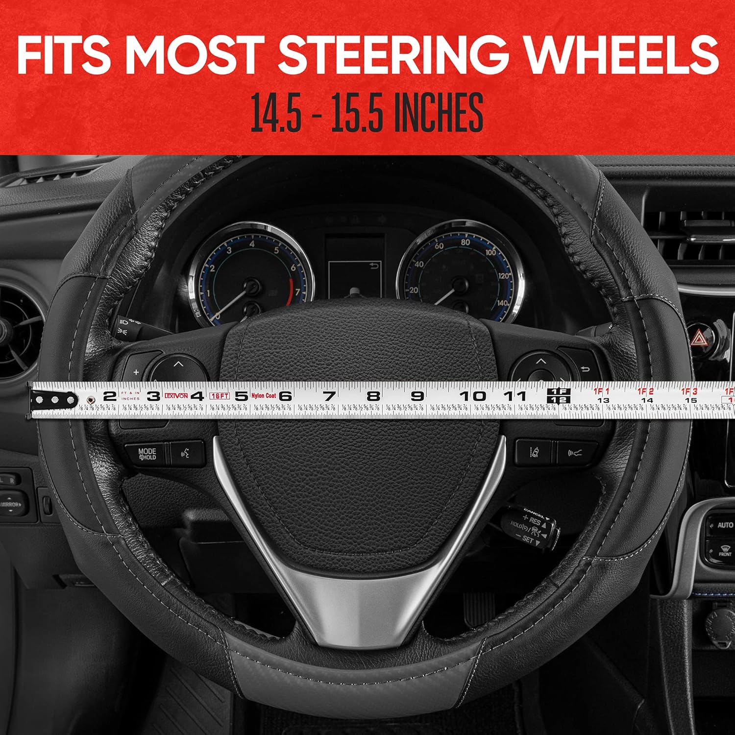 Motor Trend GripDrive Faux Black Leather Steering Wheel Cover for Car Truck Van SUV, Small 14 inch Size, Gray Accent Stitched Car Steering Wheel Cover Vehicle & Auto Accessories (Pack of 2)