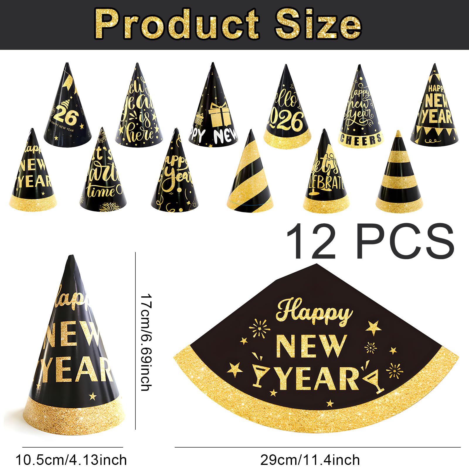 12 Pcs New Years Eve Party Hats for New Years Eve Decorations 2026,Black and Gold Cone Paper Hat Favour Accessories for Photo Props Headwear,Eve Party Supplies Favors Celebration Go to Next Year - Image 2