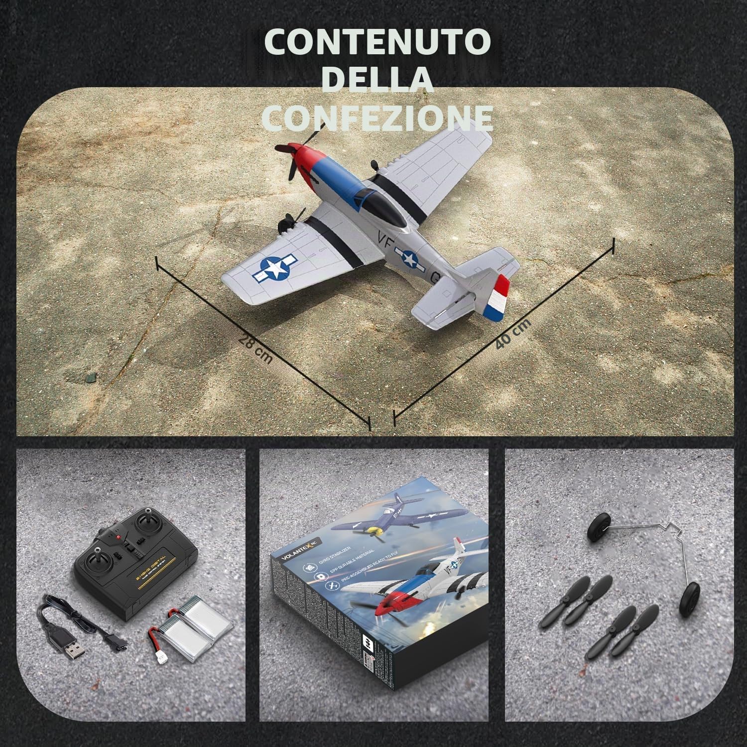 volantexrc P51D Mustang 3 Canali AereoRadiocomandato RTF con 2 Batterie 3CH RC Plane RTF RC Giocattolo aliante per Principianti, Bambini, Adulti