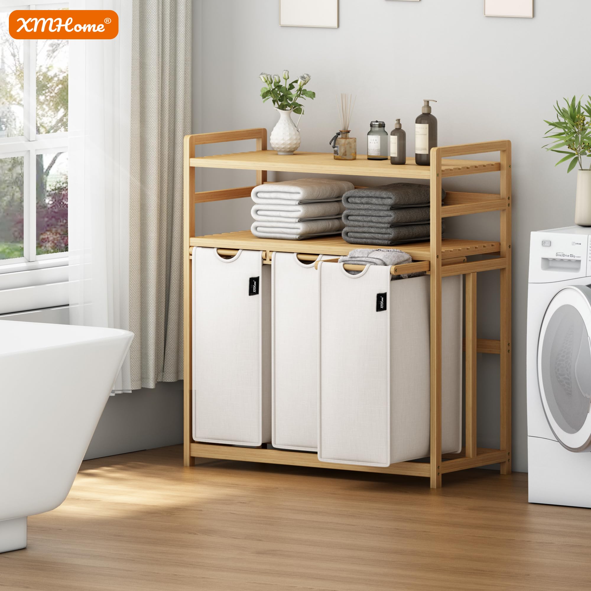 Cesto portabiancheria rettangolare in bambù a 3 scomparti, 148 l, a 2 livelli, con sacchetto portabiancheria rimovibile, per bagno, camera da letto e lavanderia, 77,5 x 41,3 x 100,5 cm, grigio