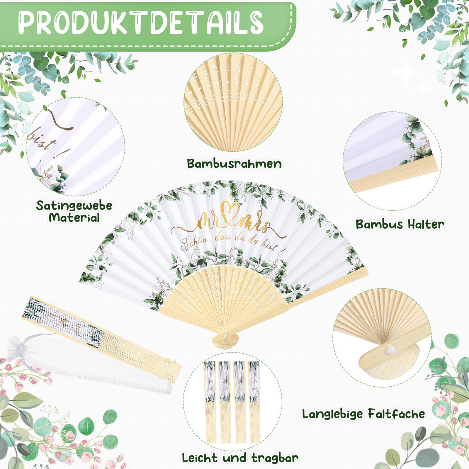 Namalu 60 Piezas Abanico con Patrón de Eucalipto Favores de Boda Abanicos de Papel Blanco con Bolsa de Organza Abanicos Plegables de Bambú para Invitados a la Boda Verano Cumpleaños Fiesta