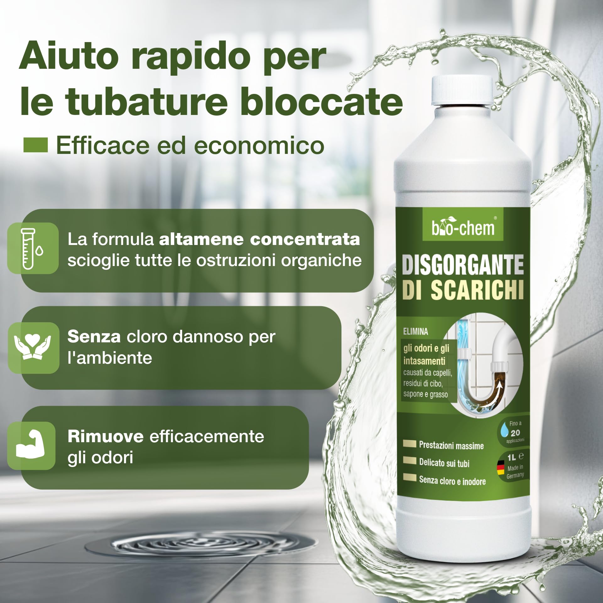 Bio-Chem – Disgorgante professionale per scarichi liquido 2L contro capelli e residui, efficace anche con acqua stagnante, formula concentrata fino a 20 utilizzi