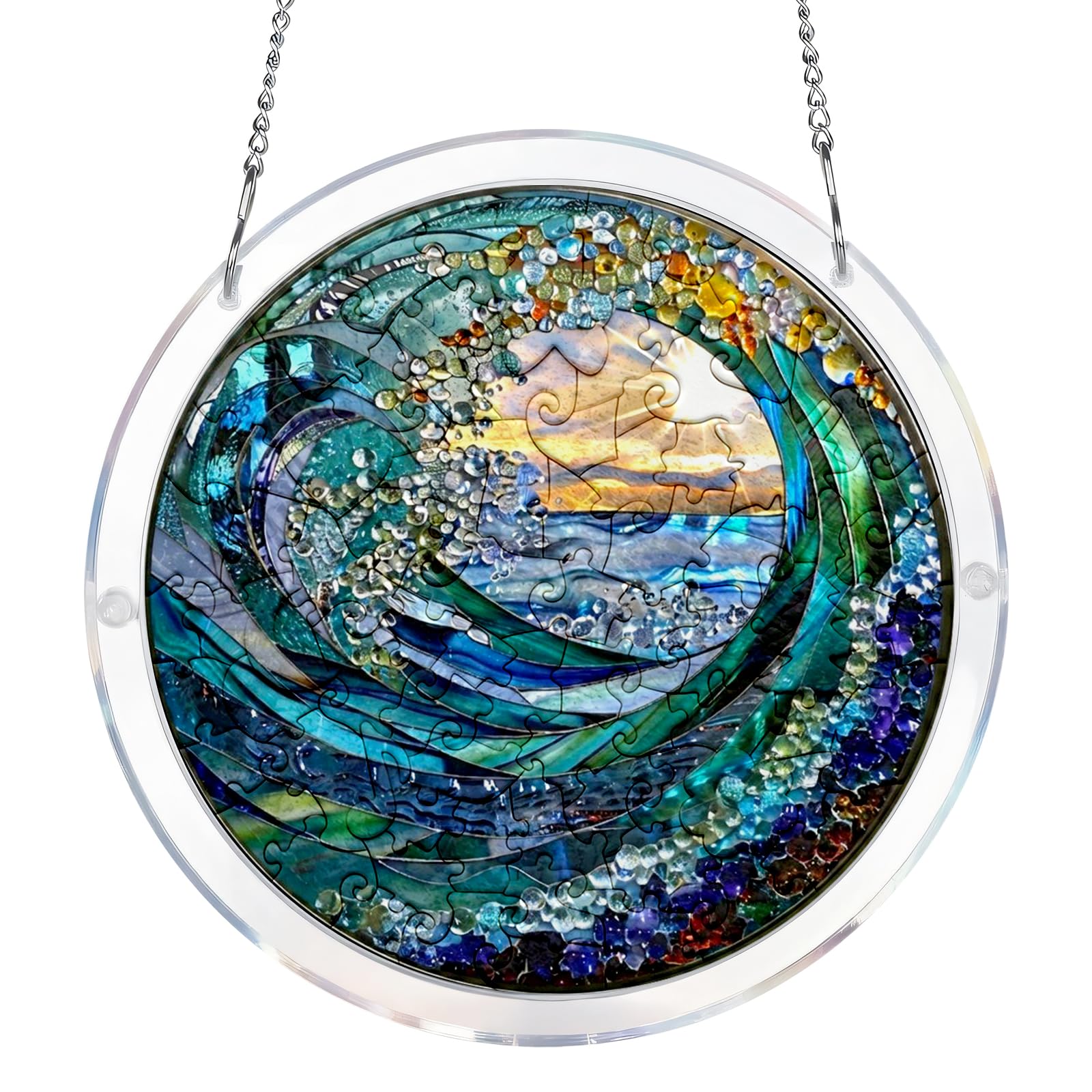 Sea Waves Acrylic Puzzle Suncatcher, Exquisite Sun Catcher with Chain, Artistic Home Decor Gift for Indoors and Outdoors, Sun Catchers for Windows, Balcony and Garden