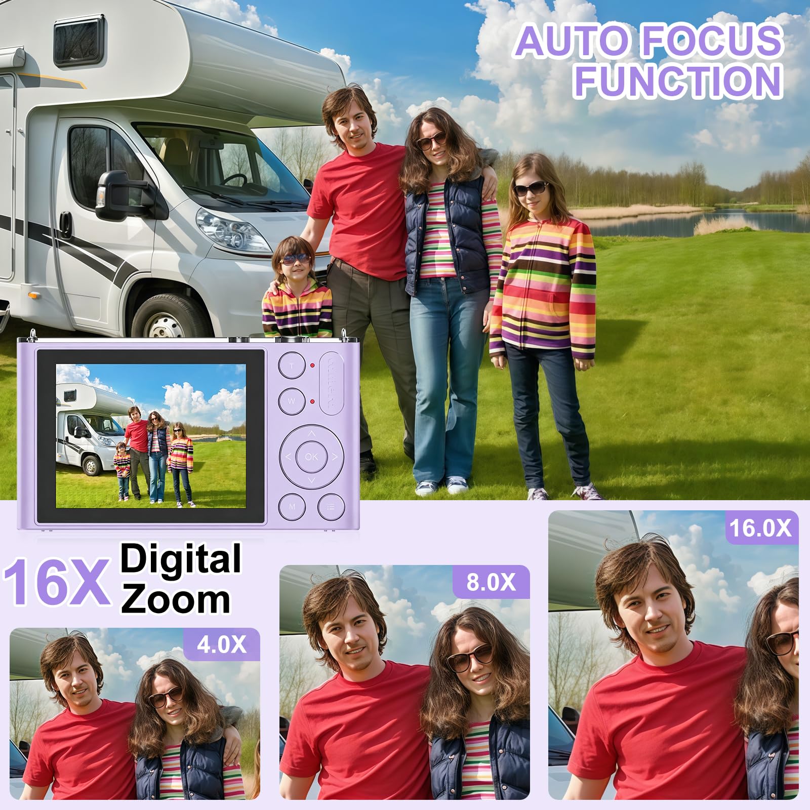Fotocamera digitale per fotografia, fotocamera 4K 72MP Vlogging, fotocamera digitale con messa a fuoco automatica per adolescenti, adulti, principianti, zoom 16x, scheda da 32 GB, viola