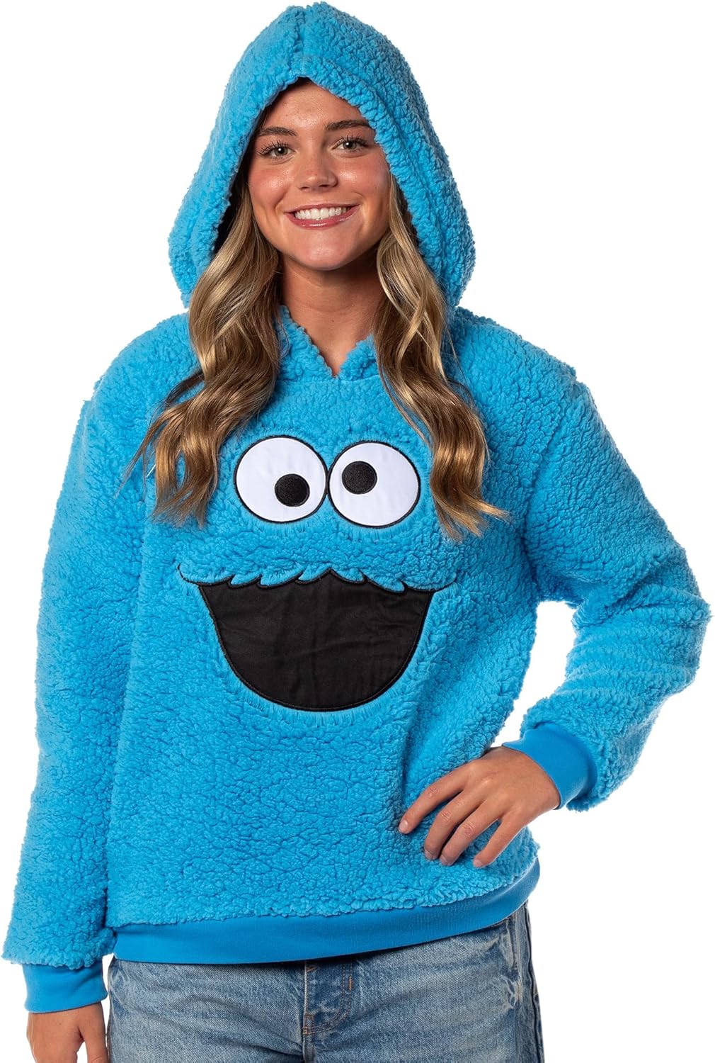 Sesame Street Women's Cookie Monster Embroidered Face Plush Fleece Long Sleeve Adult Costume Pullover Hoodie - Image 2