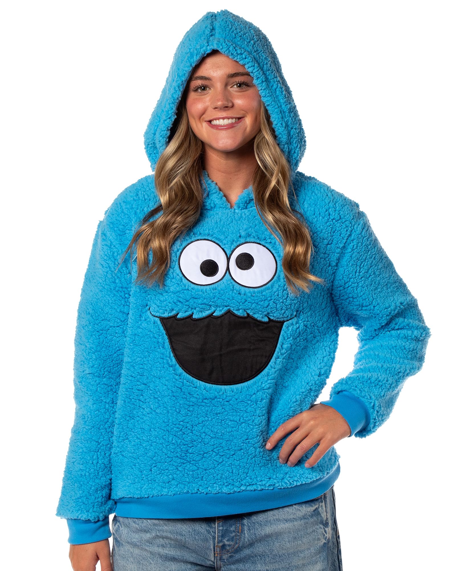 Sesame Street, felpa con cappuccio da donna in pile a maniche lunghe con stampa Cookie Monster ricamata
