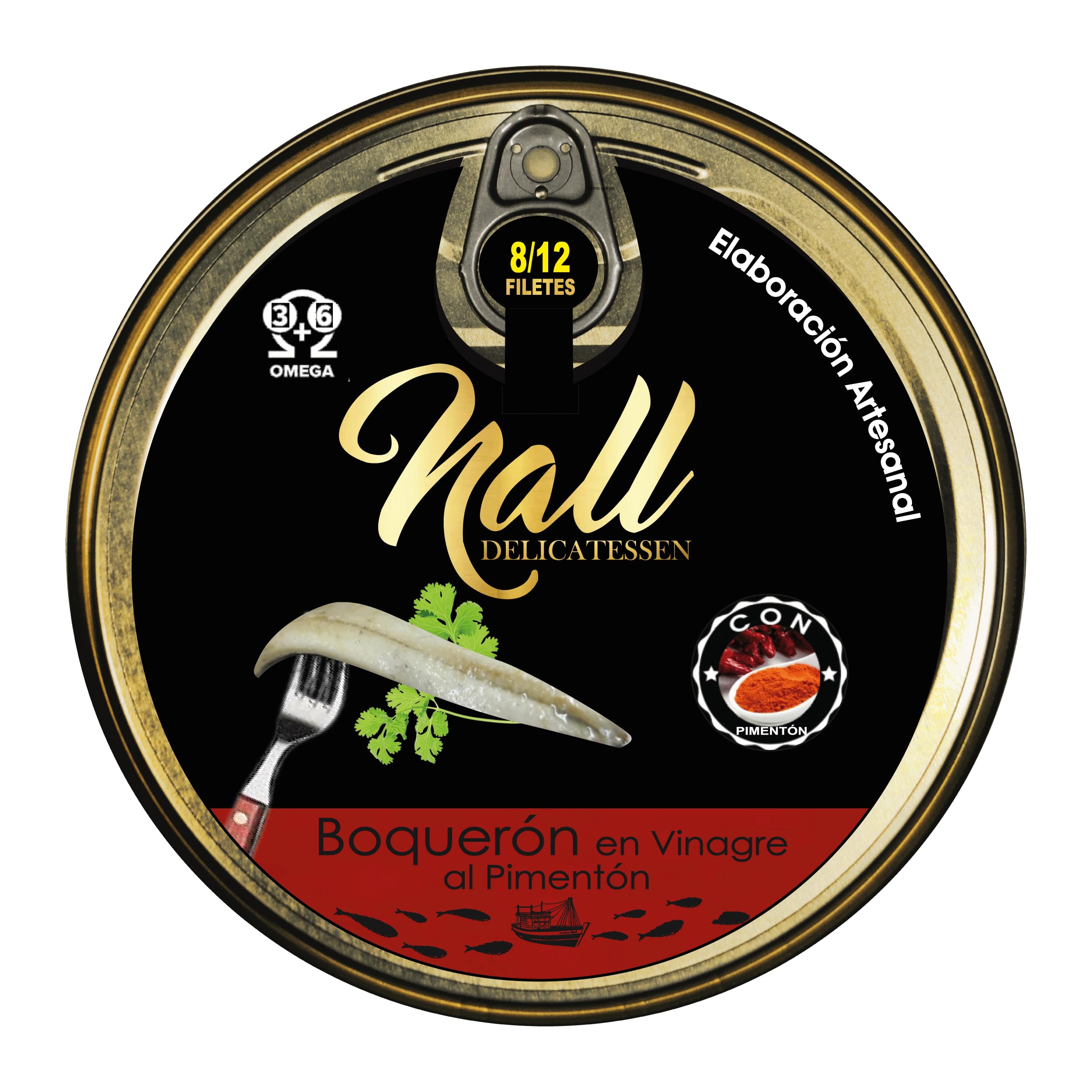 NALL DELICATESSEN (Pack 3 Latas) Lata Anchoas del Cantábrico XXL 000 + Lata Ventresca Atún Salvaje (Ijada o Jamón de Mar) Ahumadaa + Lata de Boquerón en Vinagre con Pimentón