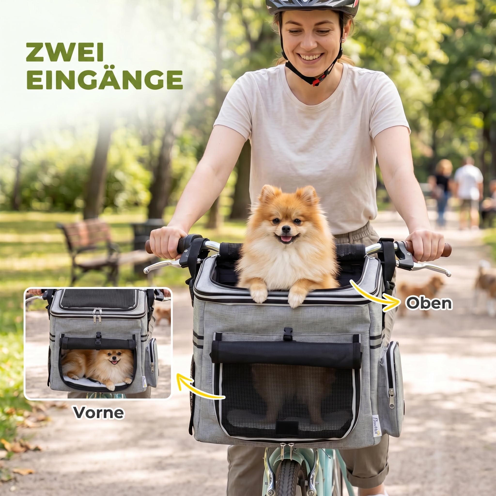 PawHut Hundekorb Fahrrad Vorne, Tragbarer Atmungsaktiver Hundefahrradkorb mit Sicherheitsleine Weichem Kissen Mesh-Türen Schüssel Fahrrad Lenkerkorb für Kleine Hunde und Katzen bis 5kg Hellgrau
