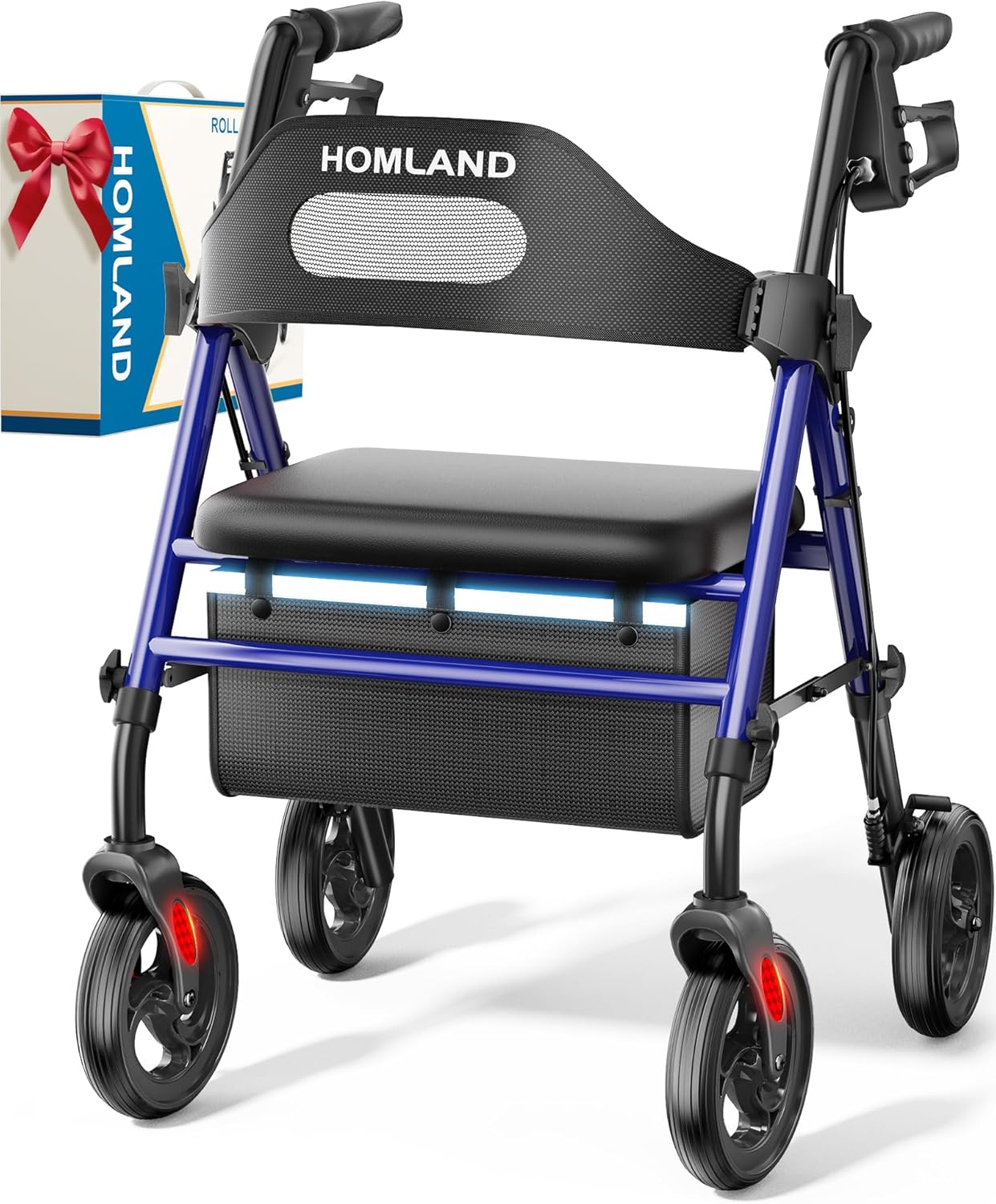 HOMLAND Foldable Rollator Walkers with Seat for Seniors, 8'' Big Wheels, 350 lb. Weight Capacity, Adjustable Handles and Seat Height, Lightweight Rolling Walker, Blue 350 Pound Blue