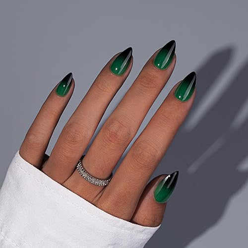 KQueenest Green Black Press On Nails Short Almond, Dark Ombre