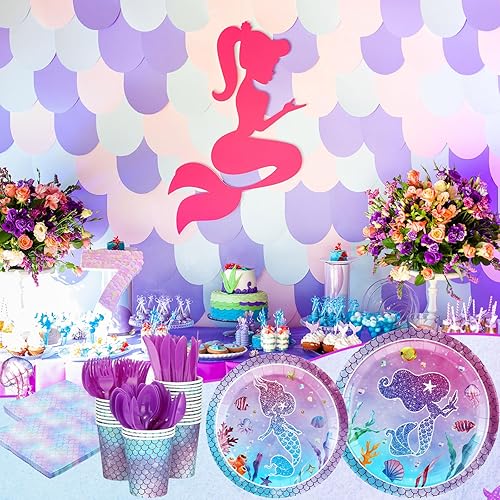 Miniatura 5 de Ctosree 220 piezas de decoración de cumpleaños de sirena, kit de suministros para fiesta de sirena, incluye globos, telón de fondo, pancartas,