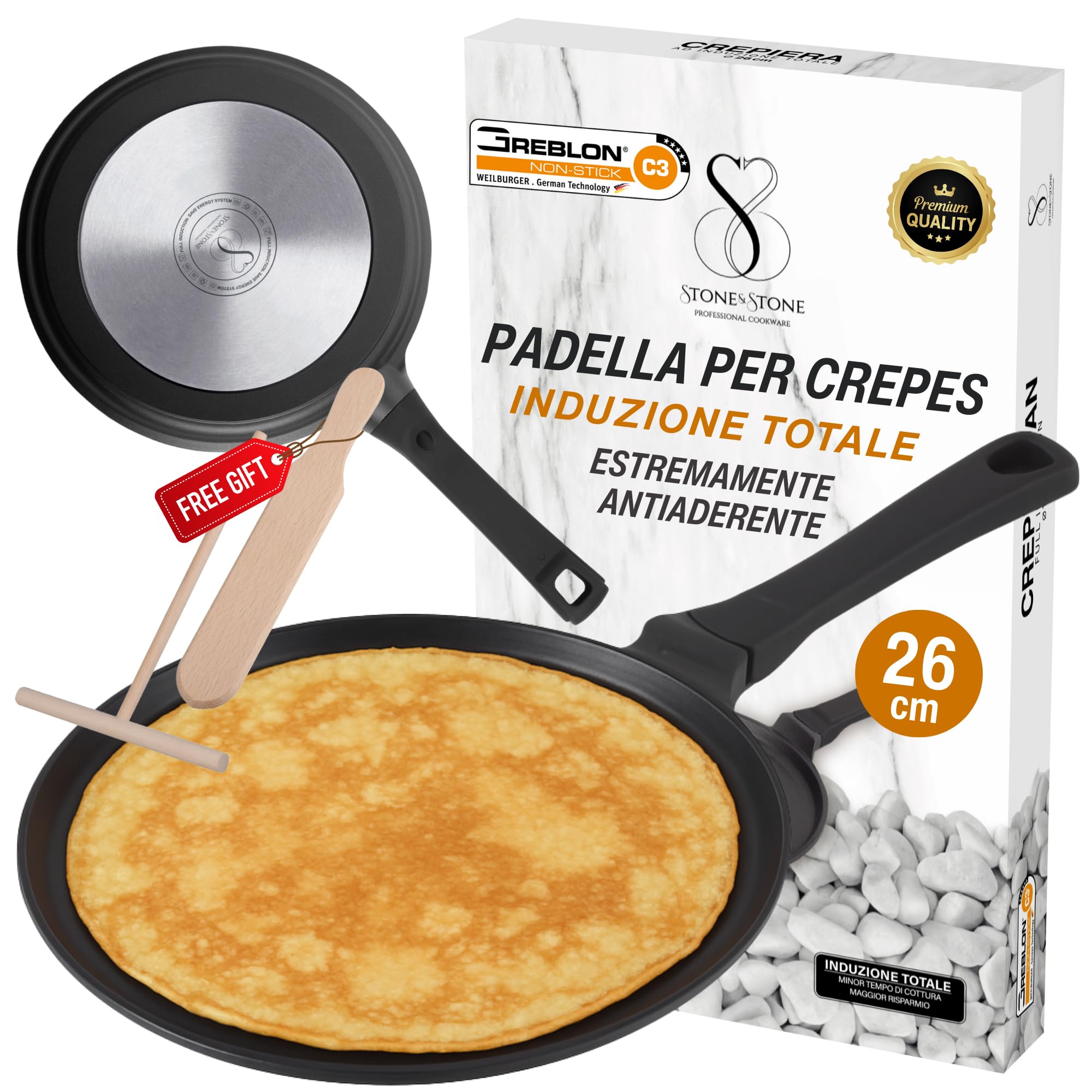 Padella Crepes Induzione 26cm - Rivestimento Antiaderente Triplo, Con Spatola Legno, Senza PFOA - Foto 8