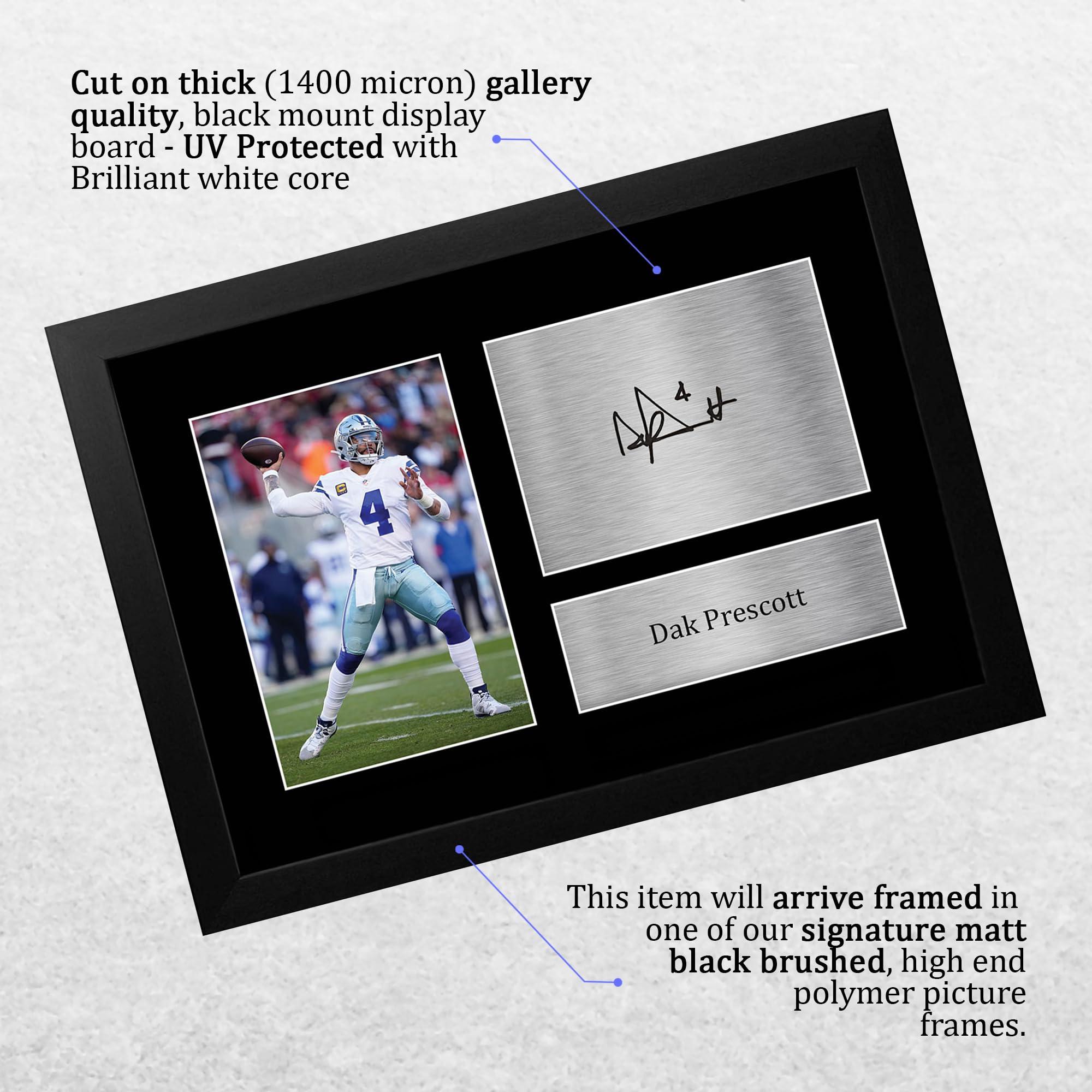 HWC Trading Dak Prescott Dallas Cowboys Geschenkidee: Gedrucktes, signiertes Autogrammfoto für Fans von American-Football-Memorabilia - A4 Gerahmt