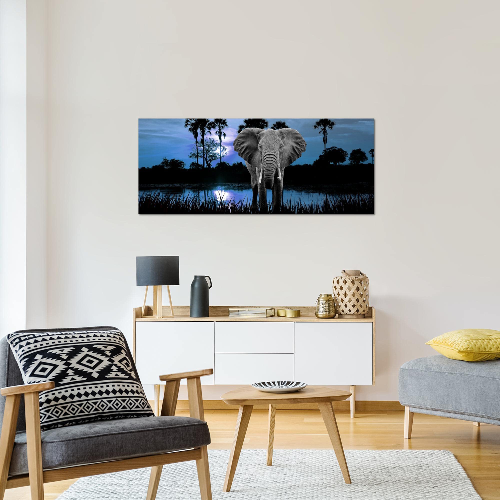 Quadro Moderno Africa Tramonto Con Giraffa Ed Elefante | Stampa Su Tela Non Tessuta | 1 Pezzo