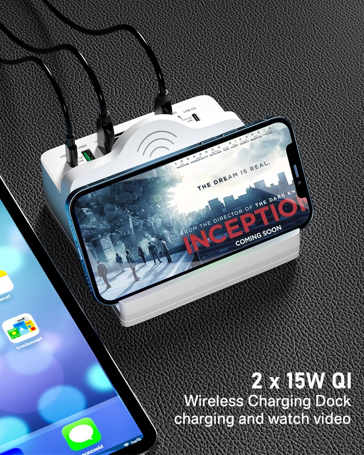 80W 6-Anschlüssen USB-Ladegerät, USB Ladestation mit PD-Schnellladegerät mit QC 3.0 USB-Anschluss, Dual Kabelloses Ladegerät, LCD-Display, USB-C-Lade-Desktop-Hub für iPhone iPad Samsung