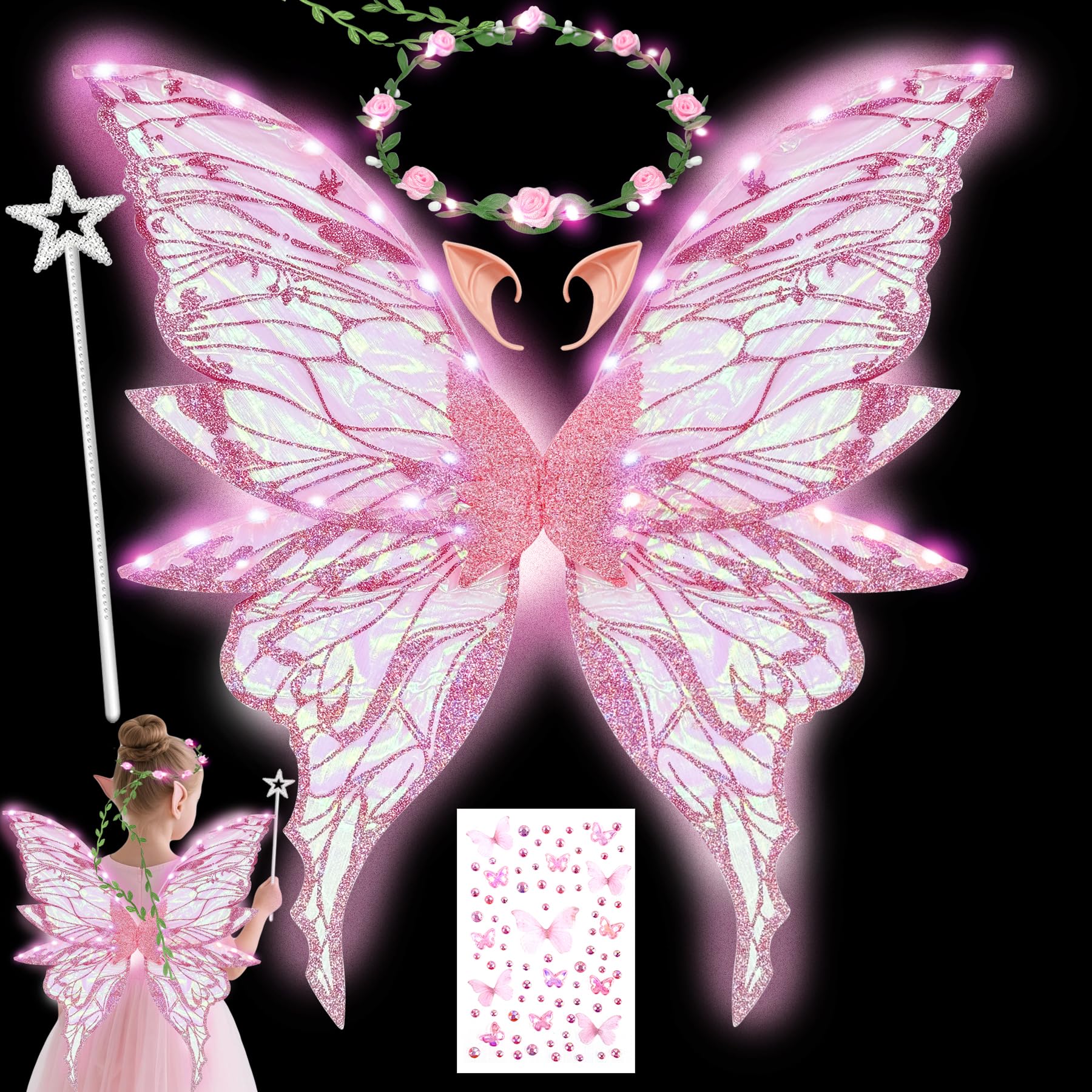 YeahBoom Fairy Wings LED Luminous with Elf Ears LED Fairy Headband and Star Wands Butterfly Wings Costume for Carnival Party