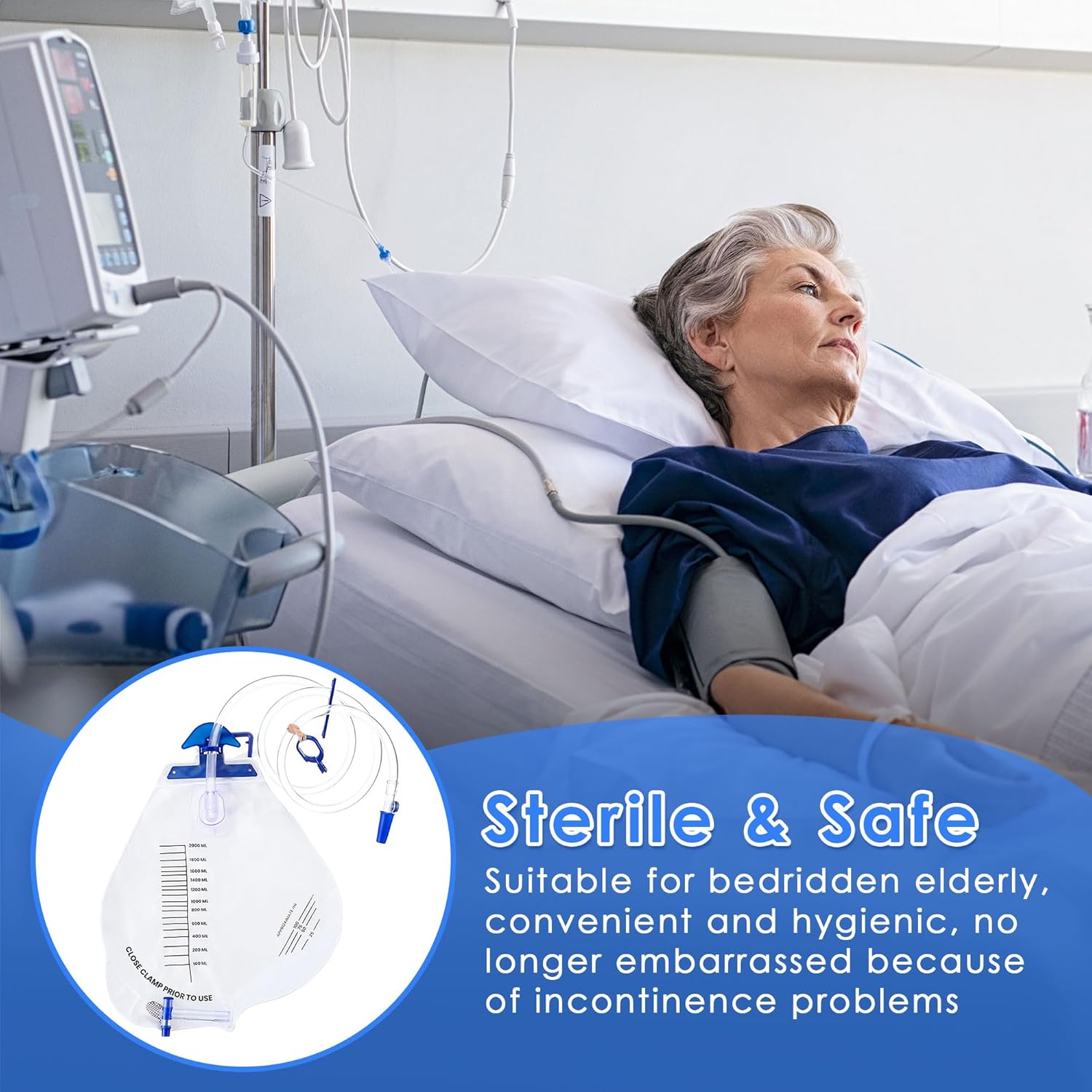 Geiserailie 2000ml Catheter Bags, Urinary Drainage Bag with Anti Reflux Chamber, Hook, Hanging Rope, Sheet Clip, Leakproof Splash Drain Spout Urine Bags (10 Pcs)