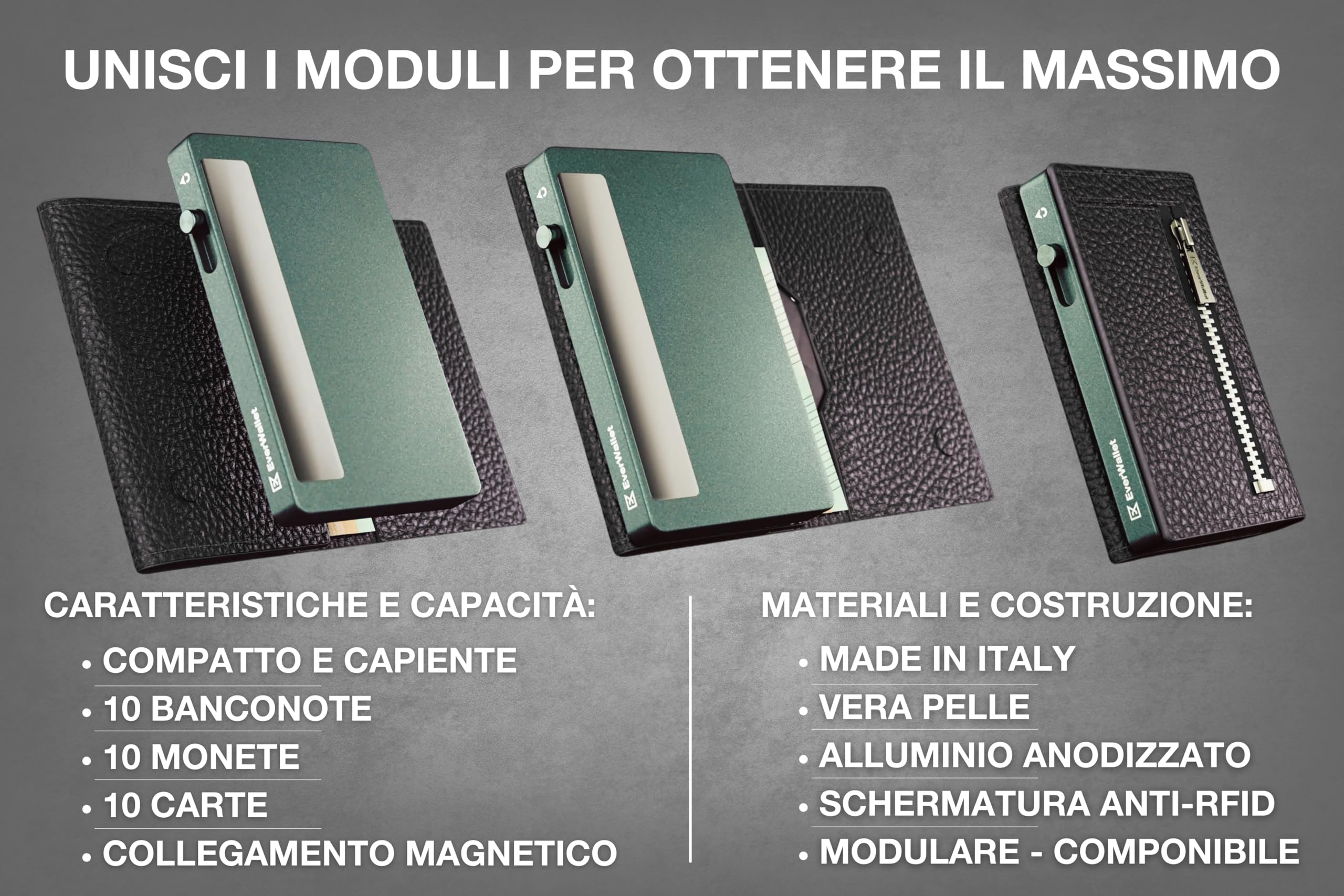 EverWallet Portafoglio Uomo Slim in Pelle Vera e Alluminio - Made in Italy - Porta Carte di credito Smart Compatto, Meccanismo Espulsione, Blocco RFID – Minimalista e Sottile (Nero)