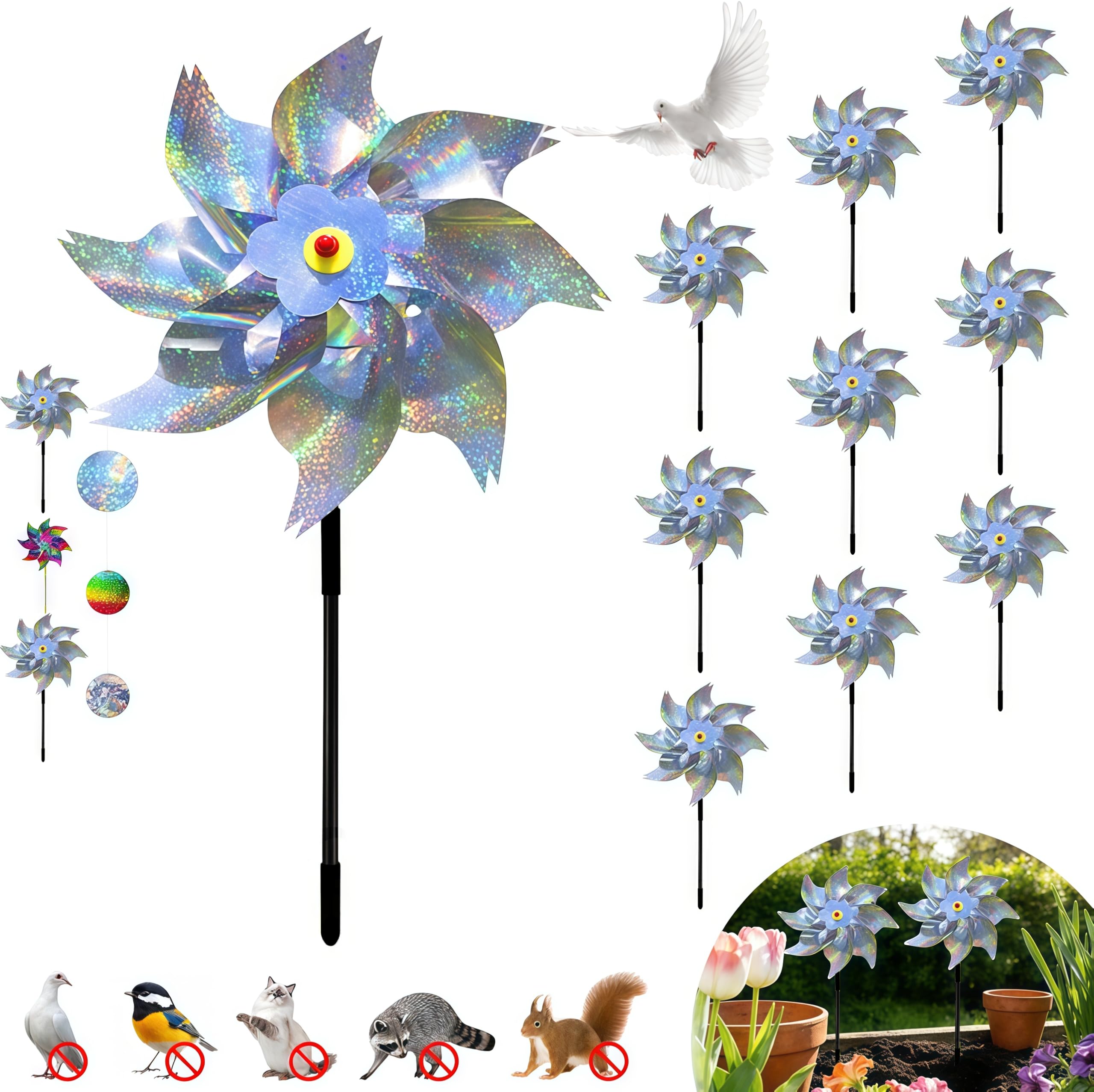 CHWUYI Bird Deterrent Windmill for Garden,10 Pack Reflective Pinwheels Bird Repellent Devices for Gardens Outdoor Balcony, Patio, Farm, Orchard