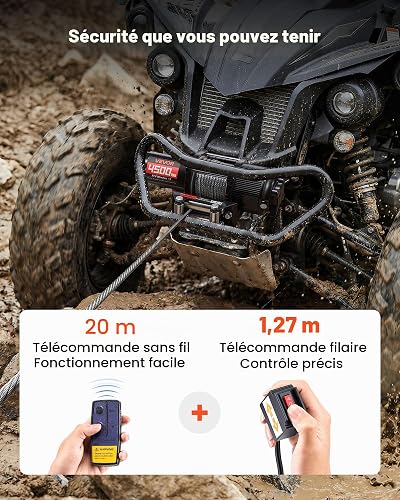 VEVOR Treuil Électrique 12 V CC 2041 kg Treuil pour Quad SSV Tout-terrain Remorquage, Câble en Acier 6 mm x 12 m, Télécommande sans Fil et Filaire, Étanche IP54, avec Platine et Guide-câble à Rouleaux - 4