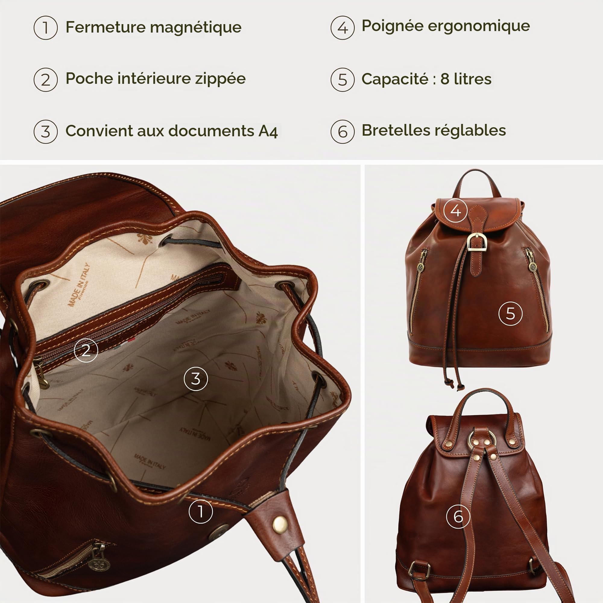 Time Resistance Sac à dos en Cuir Véritable Italien City Léger et Confortable