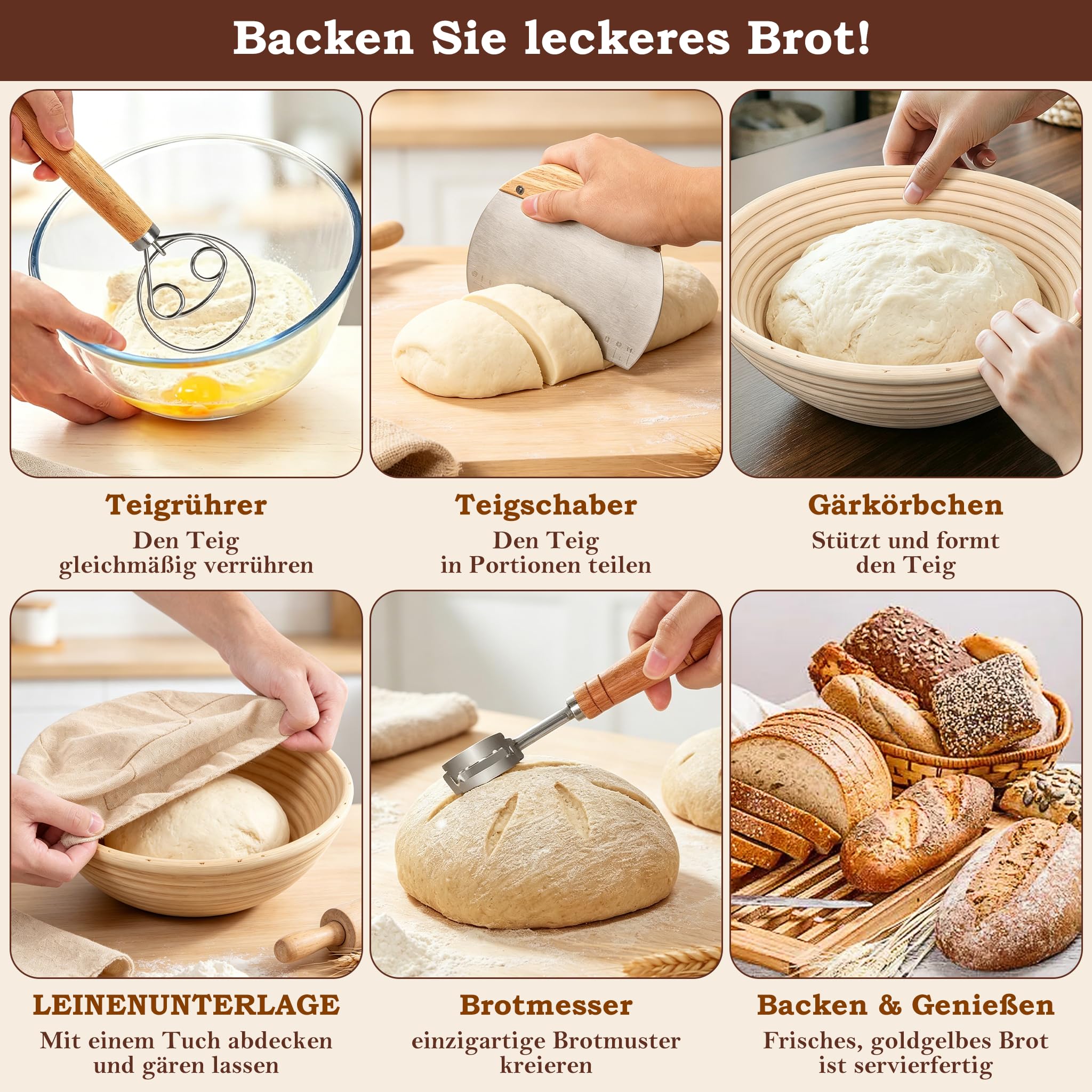 FIVAVA Gärkorb Brot Set, Gärkörbchen Rund 23cm,Brot Backen Zubehör Hochwertiges Rattan Mit Leinenbezug,Teigbesen,Bäckermesser,Teigbesen für Anfänger & Profibäcker,Brotgärkorb,Brotbacken