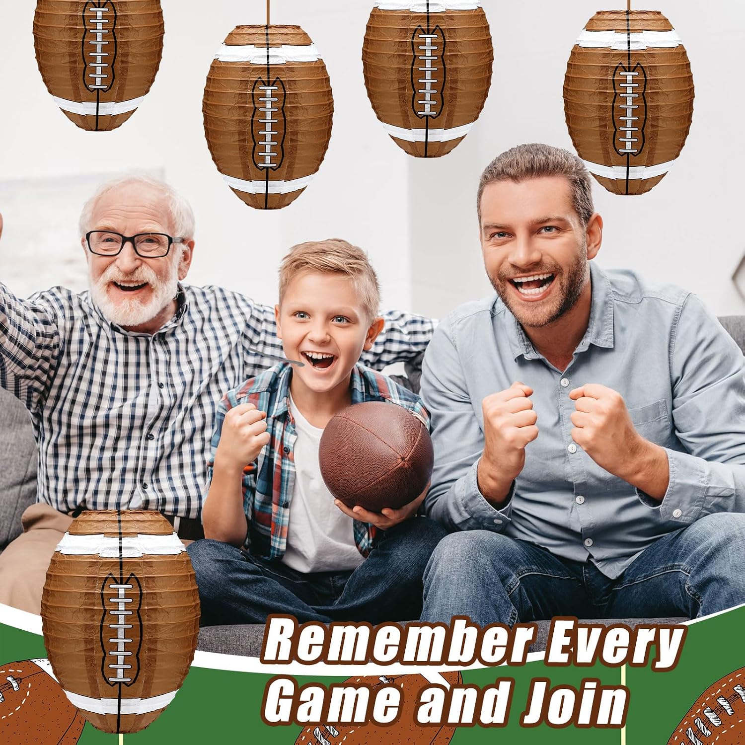 Rossesay 4 Pcs Football Paper Lantern Centerpieces Decorations with 4 Pcs Grass Squares Football Table Decorations Faux Fake Grass Turf Patch for Sport Fan Birthday Party Favors