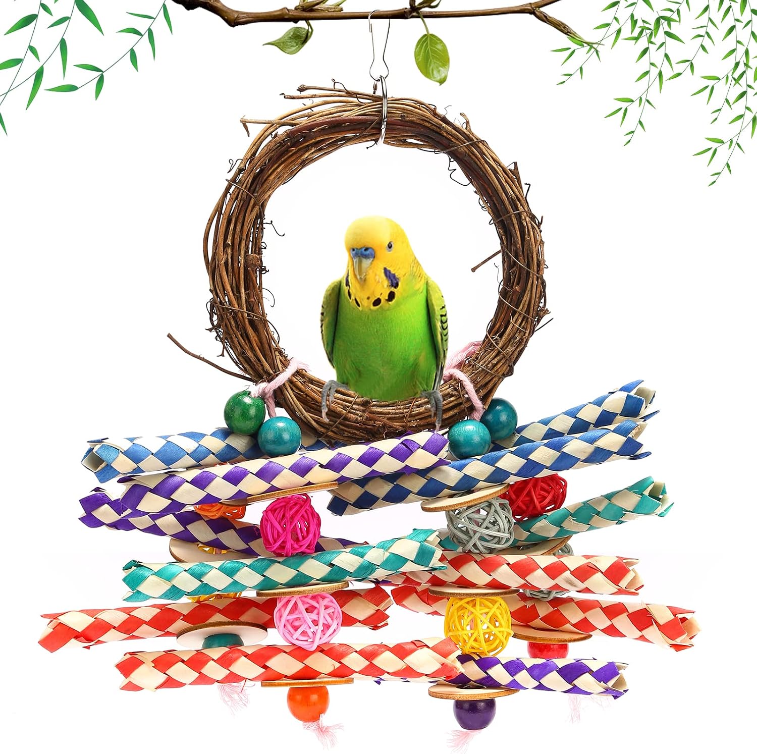 Bird Parrot Toys Parrot Chewing Climbing Toys All Natural Bird Perch with Colorful Chewing Toys Safe and Non-Toxic for…