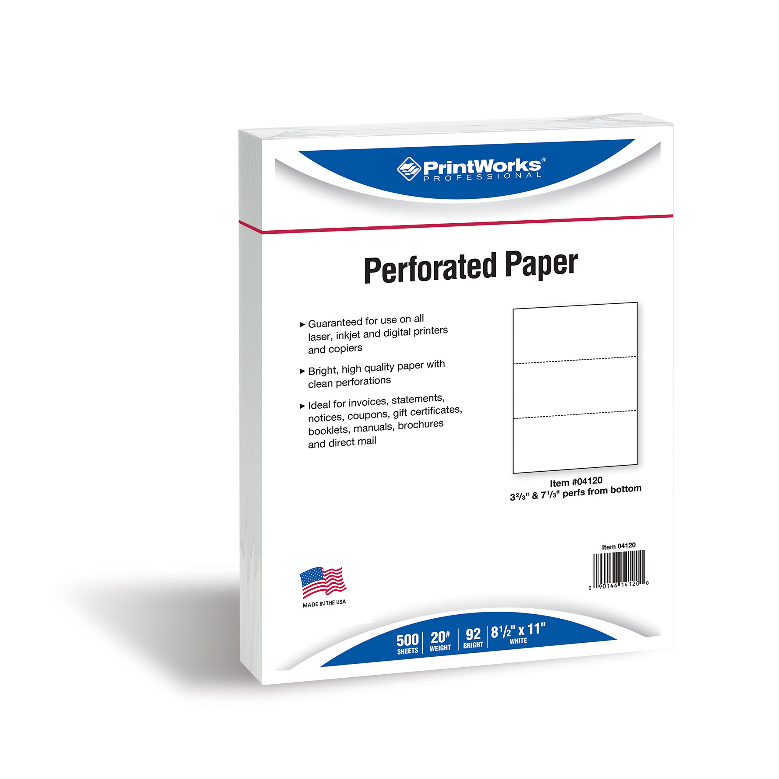 PrintWorks Professional Paper, 8.5 x 11, 20 lb, 2 Horizontal Perfs 3.66" and 7.33", 500 Sheets, White (04120)