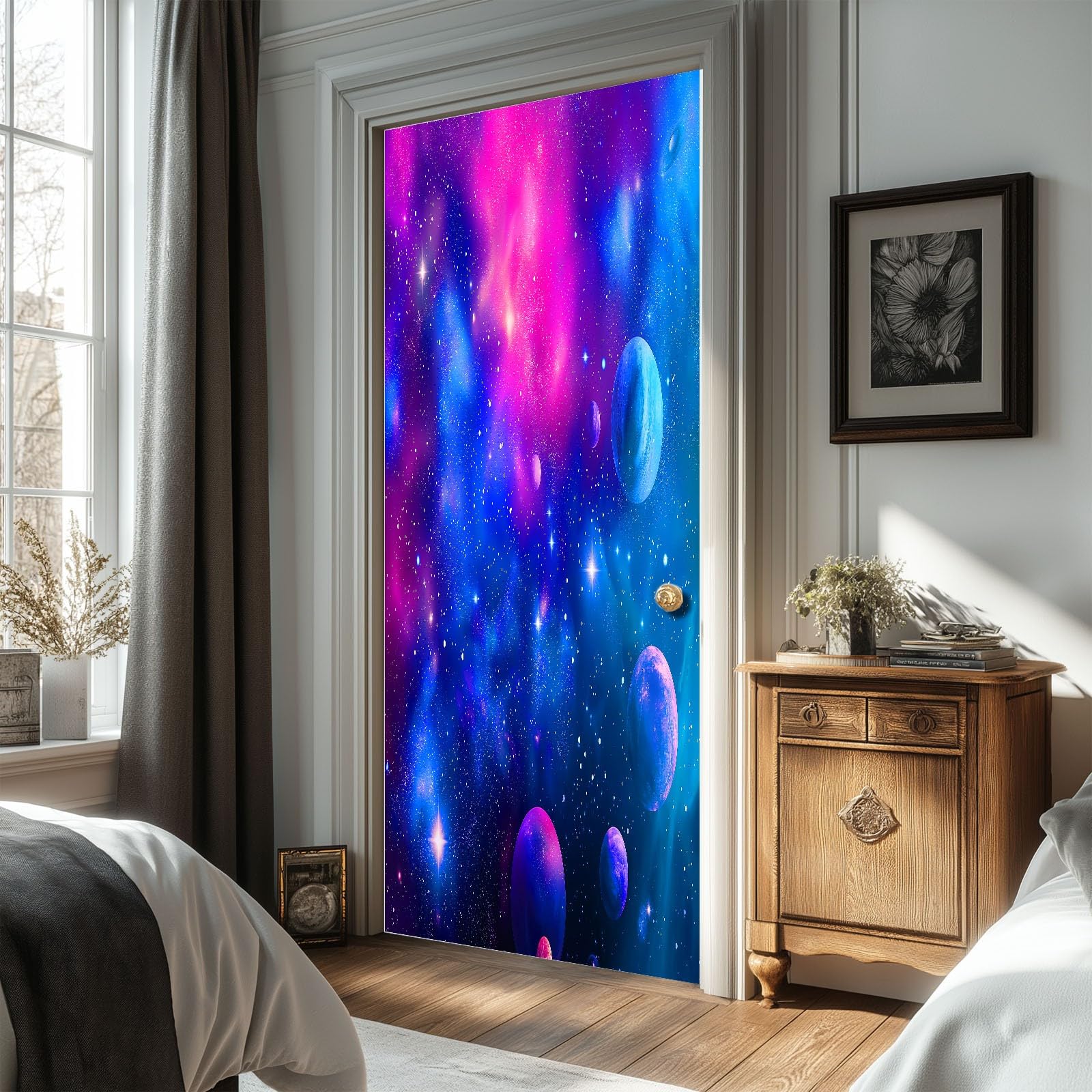Naklejka na drzwi planety kosmiczne 95 x 215 cm (dł. x wys.), naklejki na drzwi tapeta fantastyczny styl sypialnia salon łazienka dekoracja samoprzylepna wodoodporna ściana PCV