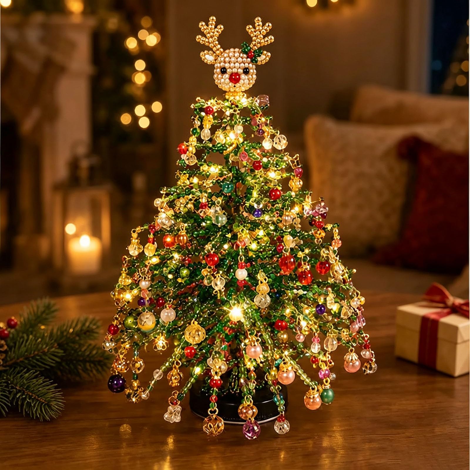 DIY Beaded Christmas Tree Kit, with Colorful Beads & Ornaments, DIY Crystal Bead Christmas Tree Making Kit, Handmade Holiday Craft Set, Tabletop Decor Christma-s Craft Gift for Lovers