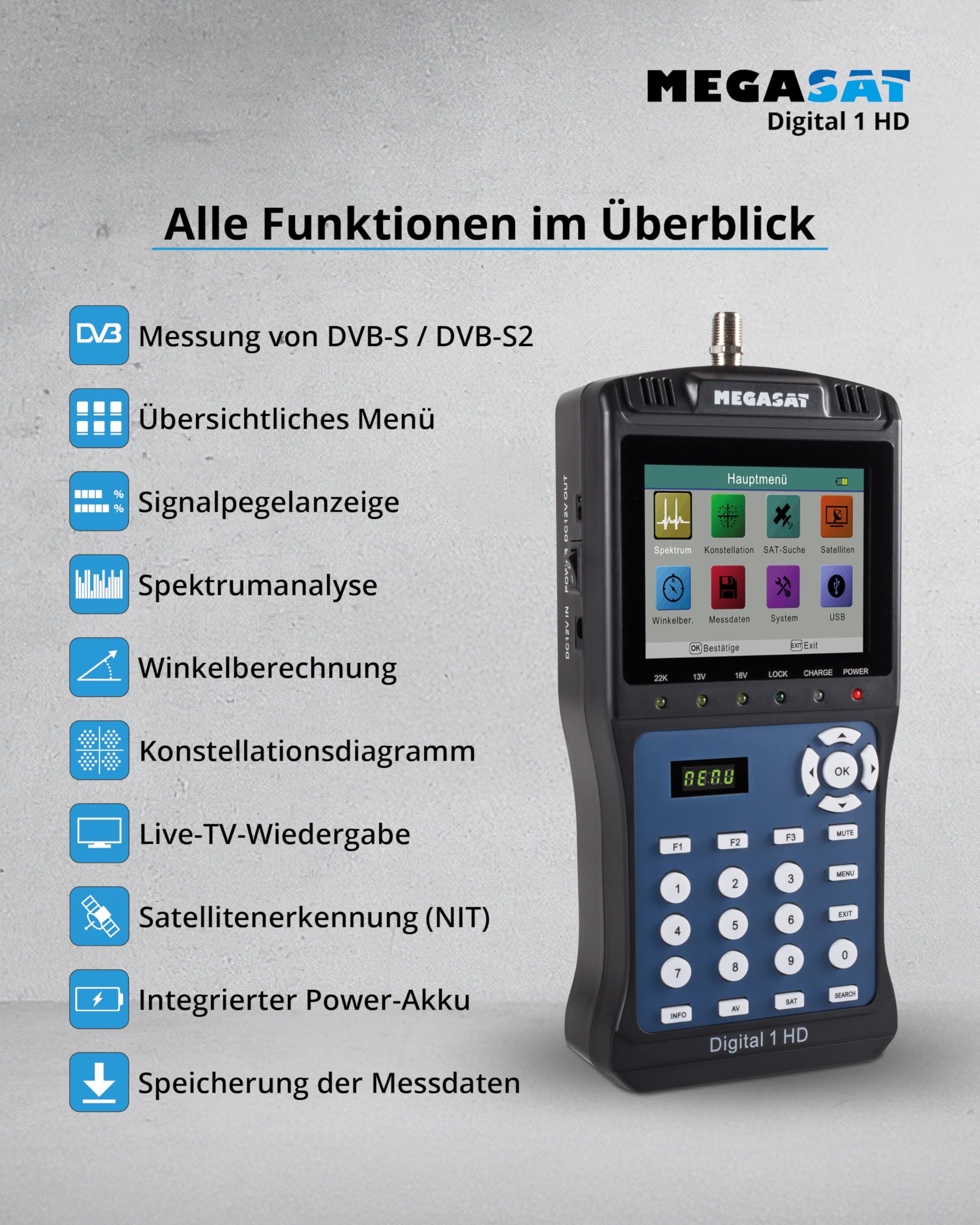 Megasat Digital 1 HD – Sat-Messgerät, Live-TV Bild, 3,5″ Farbdisplay | Für DVB-S & DVB-S2, Unicable, Akku