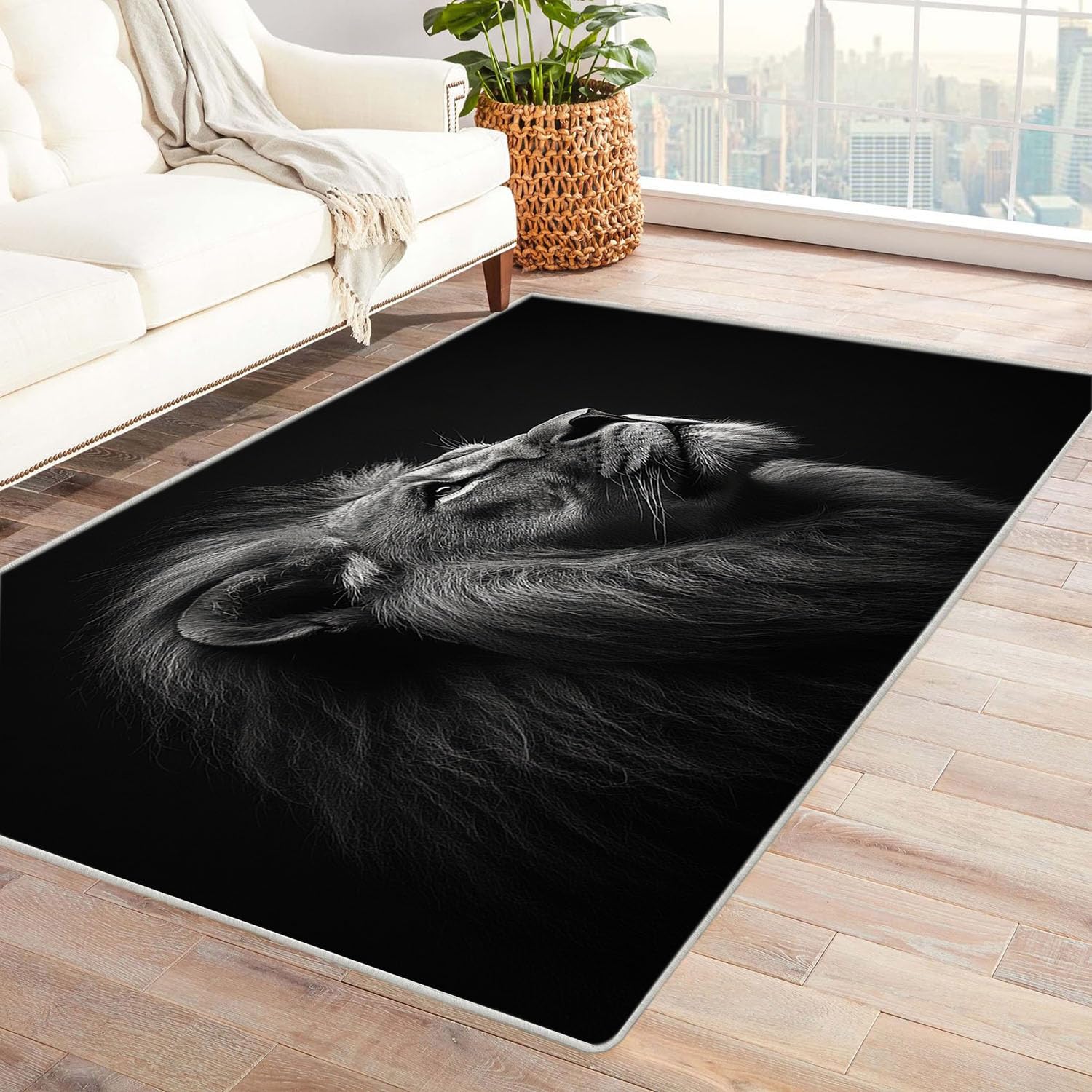 Grand tapis lion salon moderne 120x180cm antidérapant et lavable