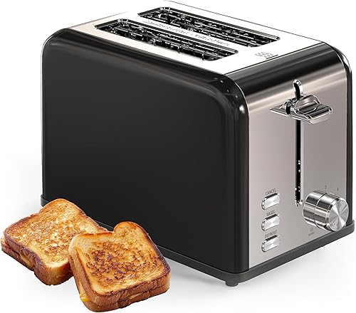Miniatura 1 de Simple Deluxe Tostadora de acero inoxidable de 2 rebanadas, 6 ajustes de tostado y tostadora de ranura extra ancha de 3 funciones, con bandeja