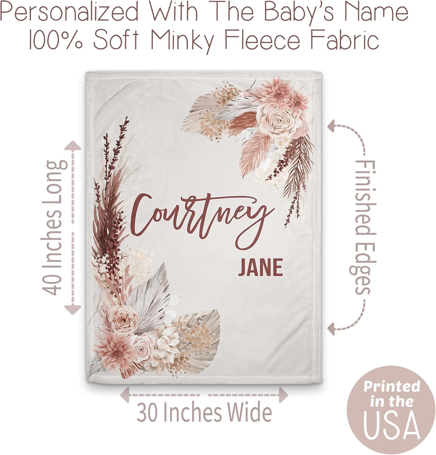 Girls Love A Monogram - Personalzied Custom Boho Floral Baby Blankets for Girls with Name Shower Gift (Beige, 30 X 40 Baby)