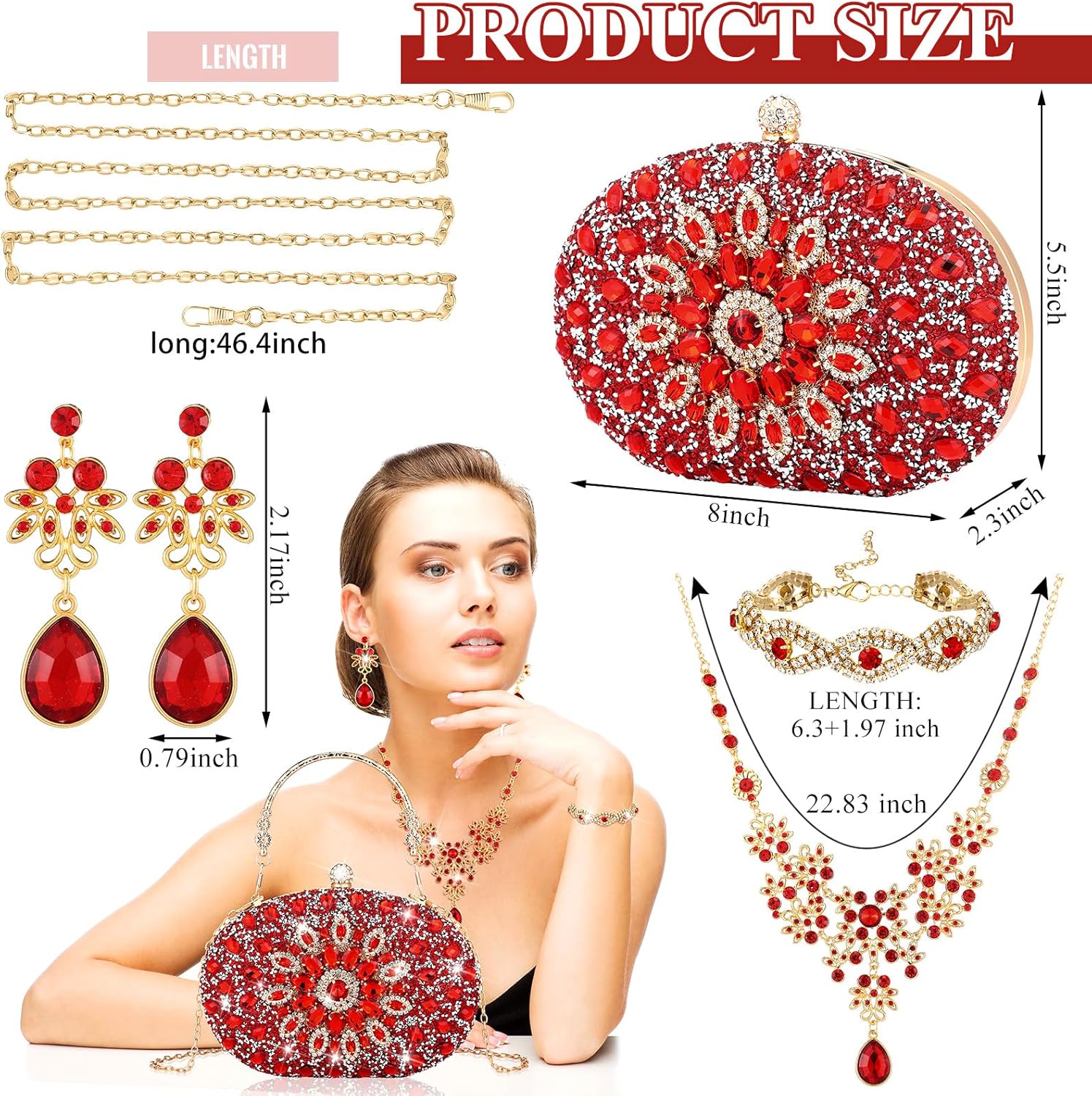Quelay ​​​​4 Pcs Purse Rhinestone Jewelry Set for Wedding Bridal Women Handbag with Necklace Bracelet Dangle Earrings