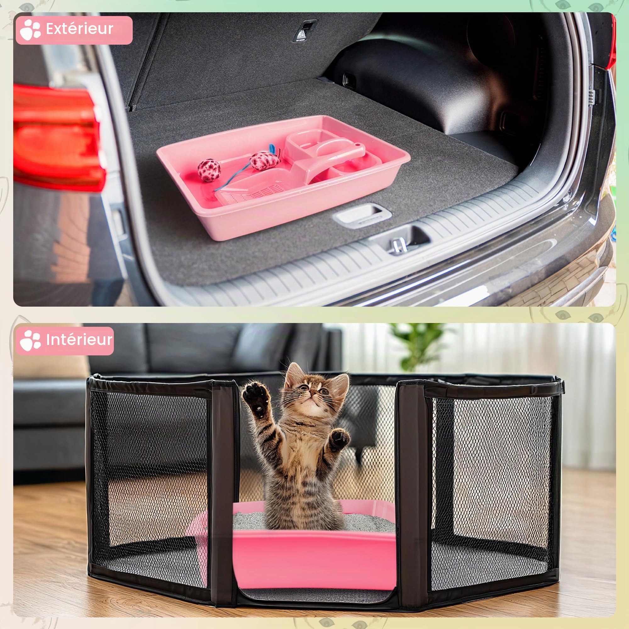PAWISE Lot de 4 Accessoires pour Chat avec bac à litière, Pelle à litière, Bol et Jouet pour Chaton, 36,8 x 26,7 cm, Rose