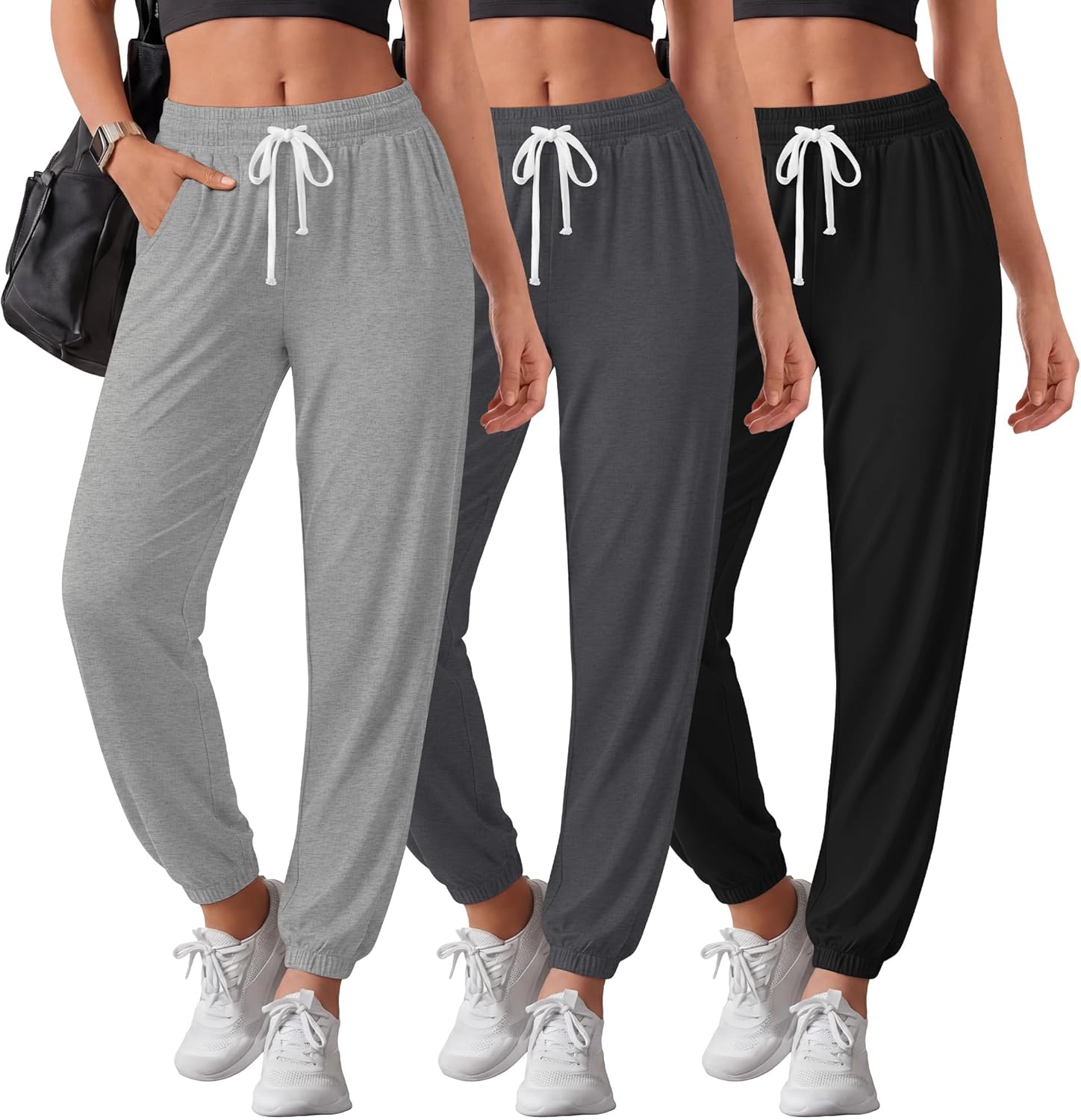 3 Pack Women's Sweatpants Joggers Lightweight Lounge Casual Yoga Pants High Waist Elastic Drawstring with Pockets(Black, Dark Heather Grey, Light Heather Grey,Large)